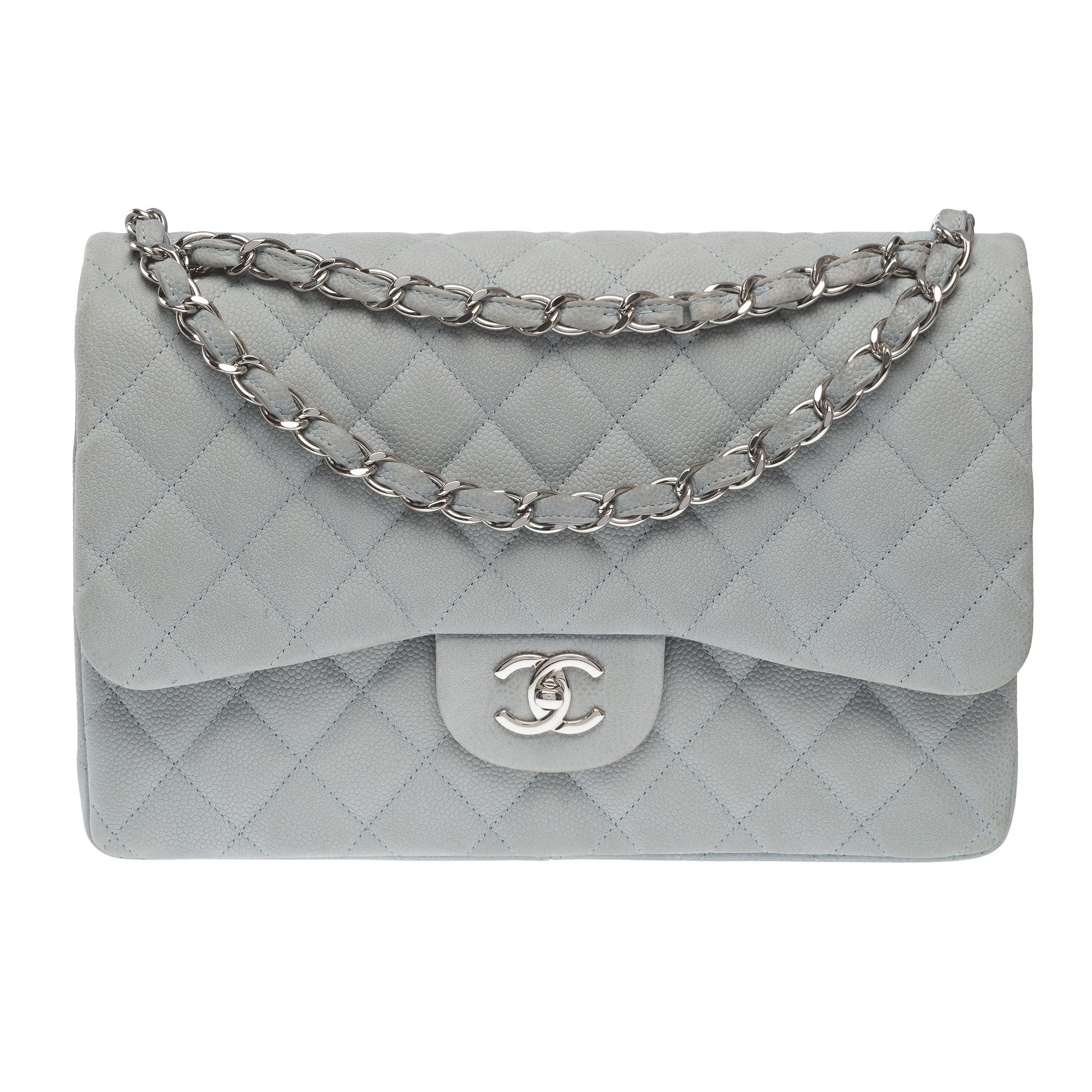 Black Chanel Timeless Jumbo double flap bag in Pale Blue quilted Caviar leather, PHW For Sale