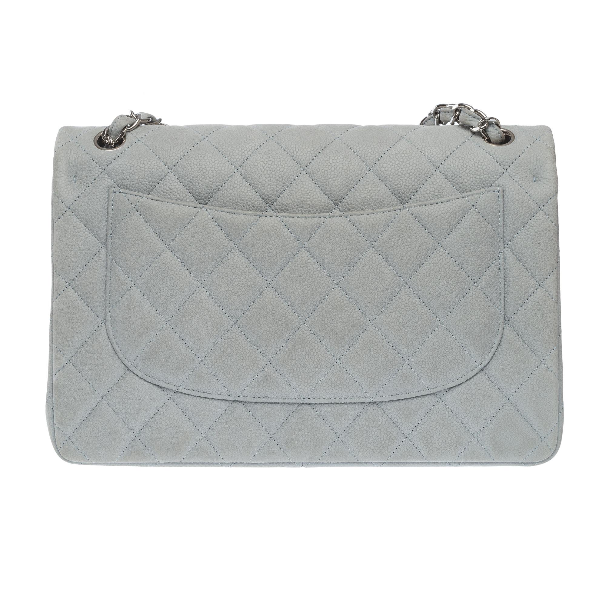 Chanel Timeless Jumbo double flap bag in Pale Blue quilted Caviar leather, PHW In Excellent Condition For Sale In Paris, IDF