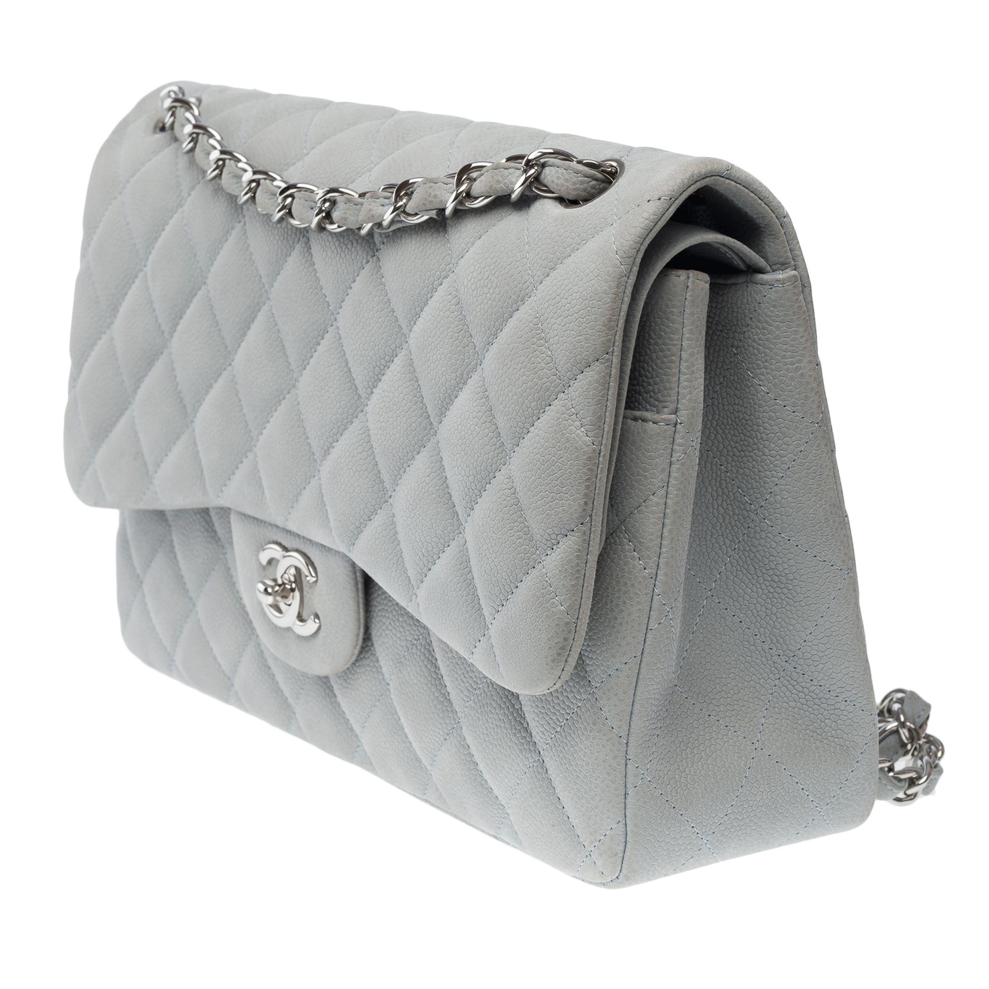 Women's Chanel Timeless Jumbo double flap bag in Pale Blue quilted Caviar leather, PHW For Sale