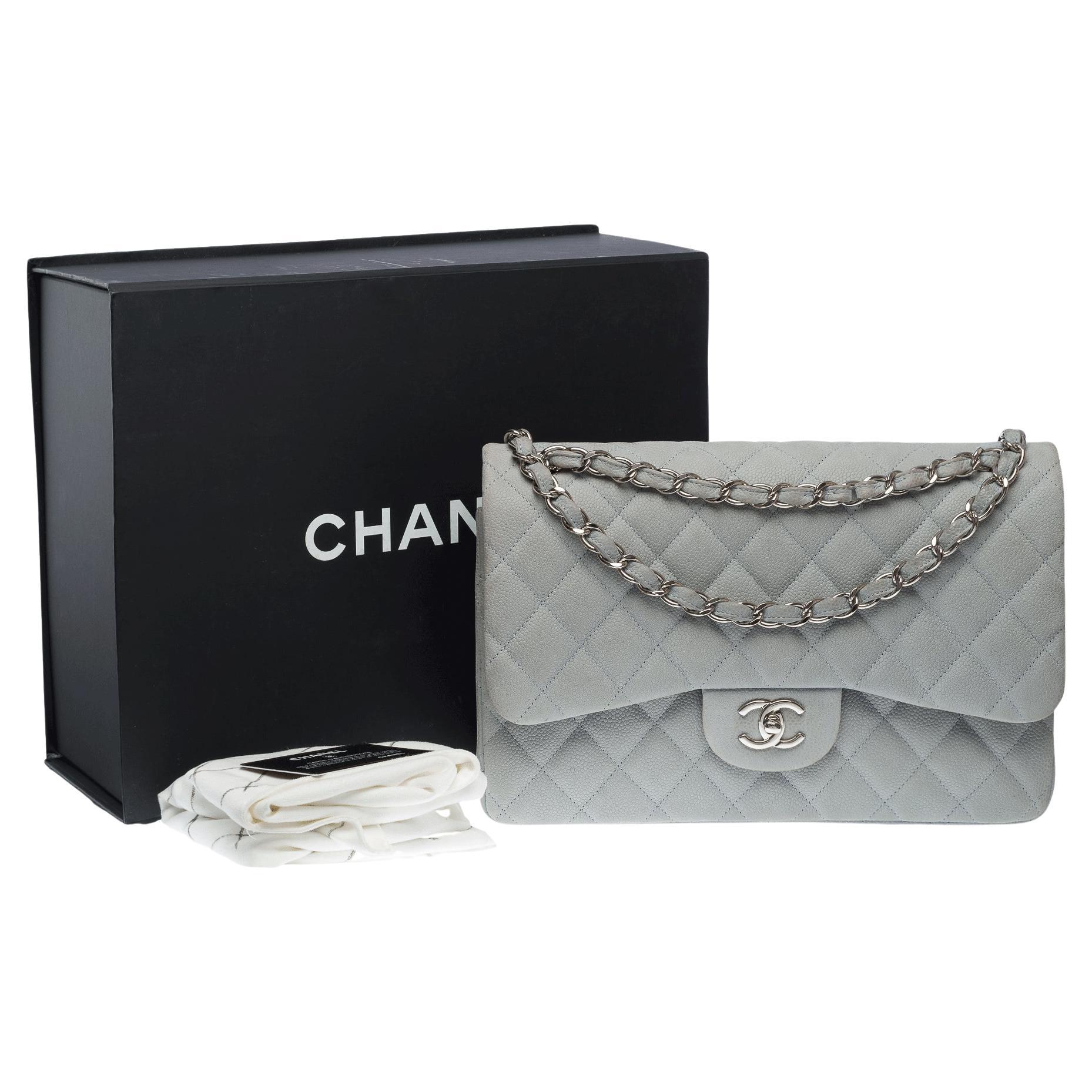 Chanel Timeless Jumbo double flap bag in Pale Blue quilted Caviar leather, PHW For Sale