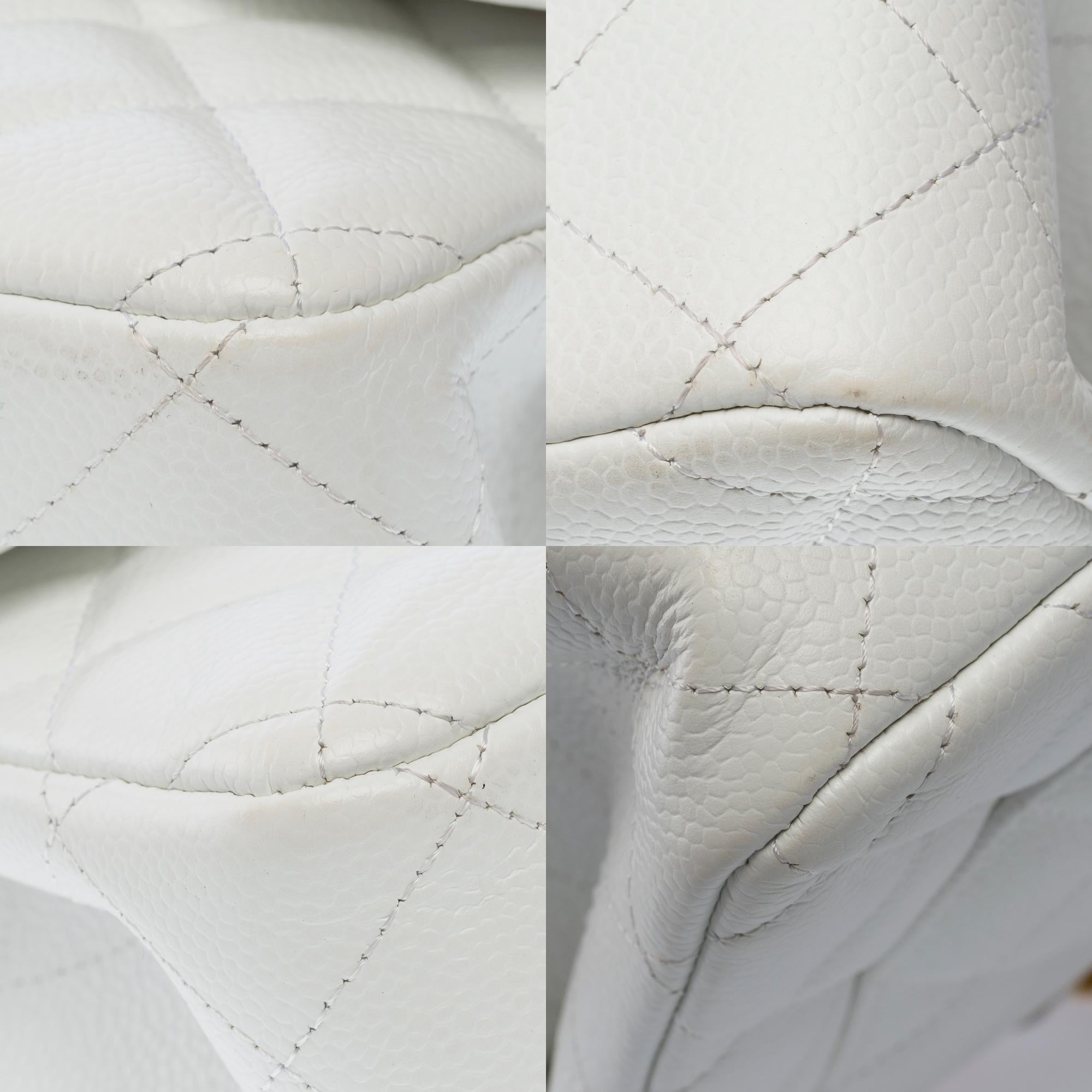 Chanel Timeless Jumbo-Doppelklappentasche aus weißem gestepptem Kaviarleder, GHW im Angebot 7