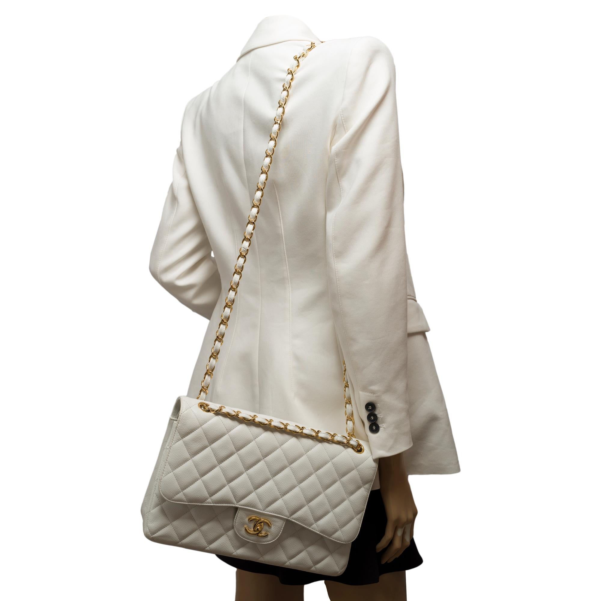 Chanel Timeless Jumbo-Doppelklappentasche aus weißem gestepptem Kaviarleder, GHW im Angebot 8
