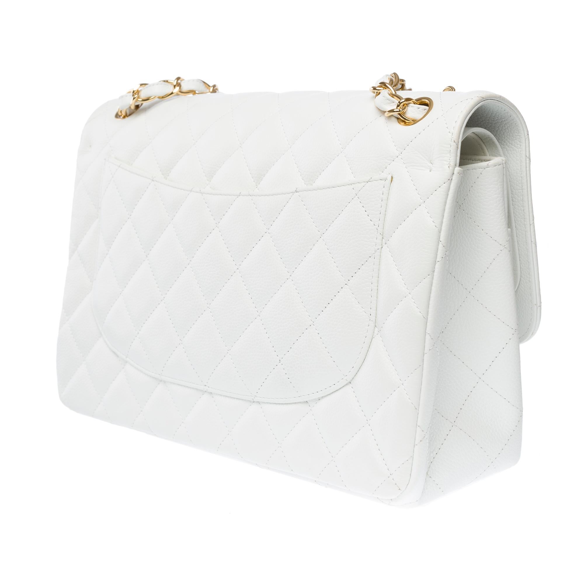 Chanel Timeless Jumbo-Doppelklappentasche aus weißem gestepptem Kaviarleder, GHW im Angebot 1