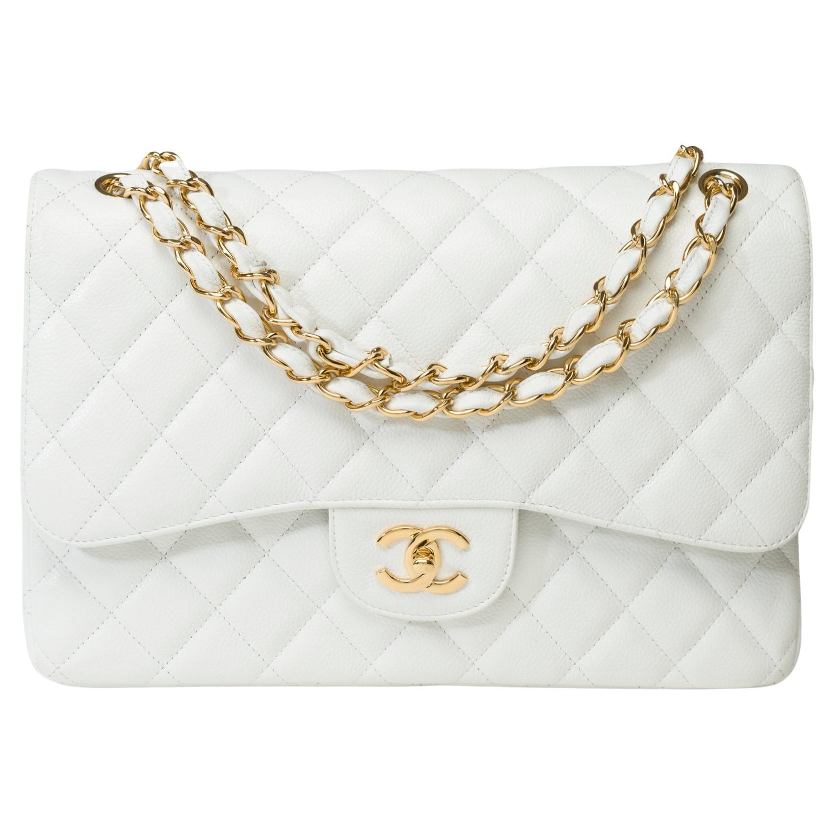 Chanel Timeless Jumbo-Doppelklappentasche aus weißem gestepptem Kaviarleder, GHW im Angebot