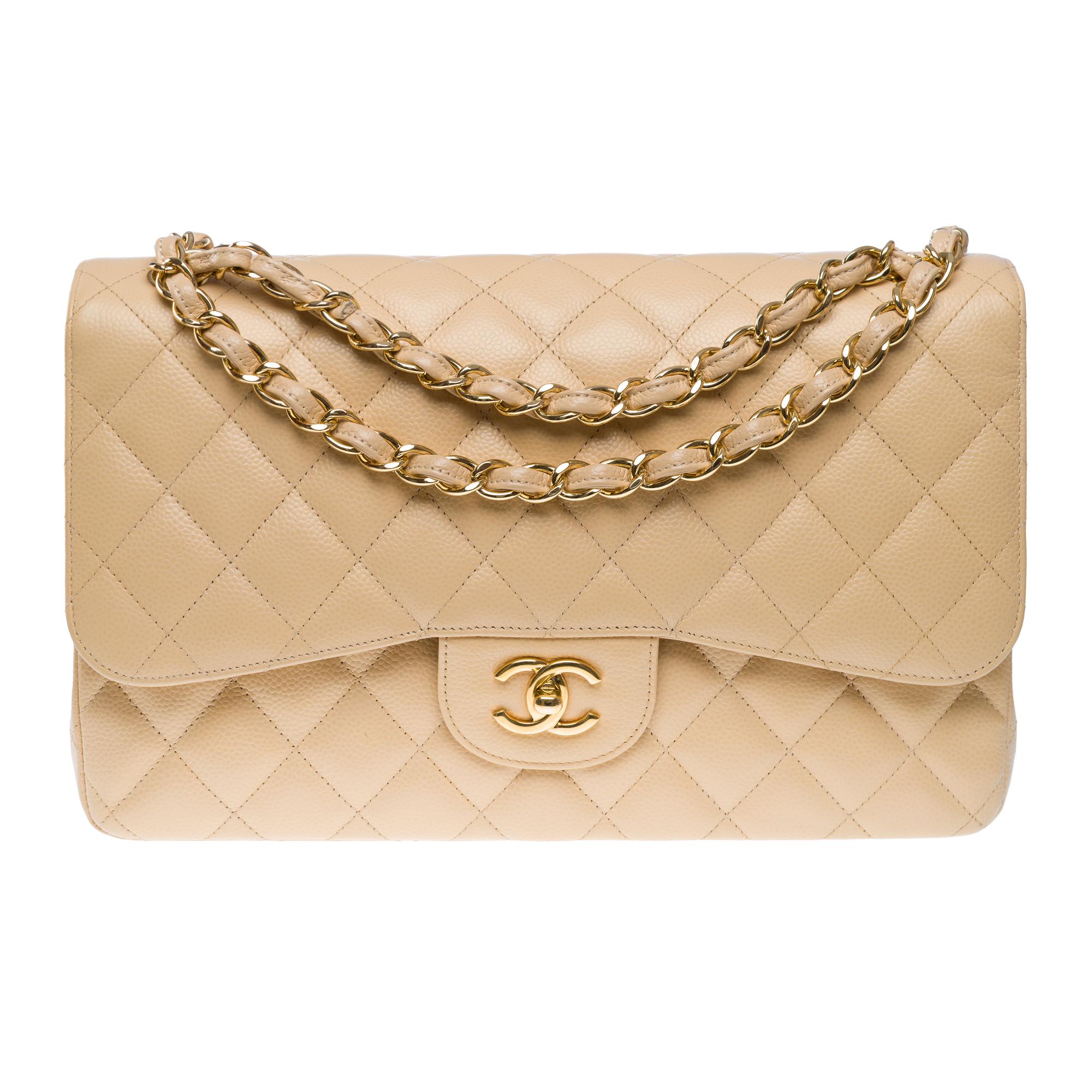 Black Chanel Timeless Jumbo double flap shoulder bag in Beige Caviar leather , GHW