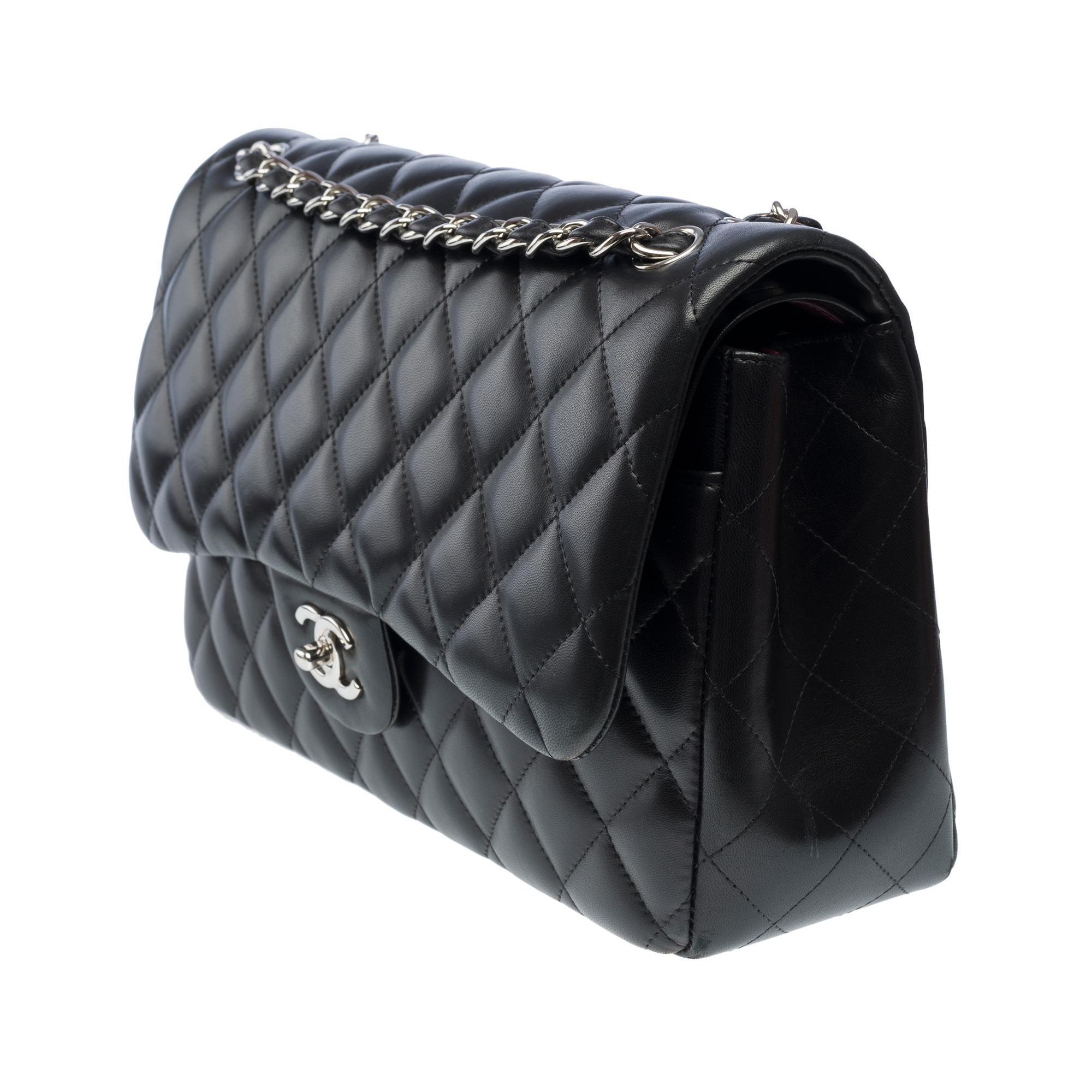 Chanel Timeless Jumbo double flap shoulder bag in black quilted lambskin , SHW For Sale 1