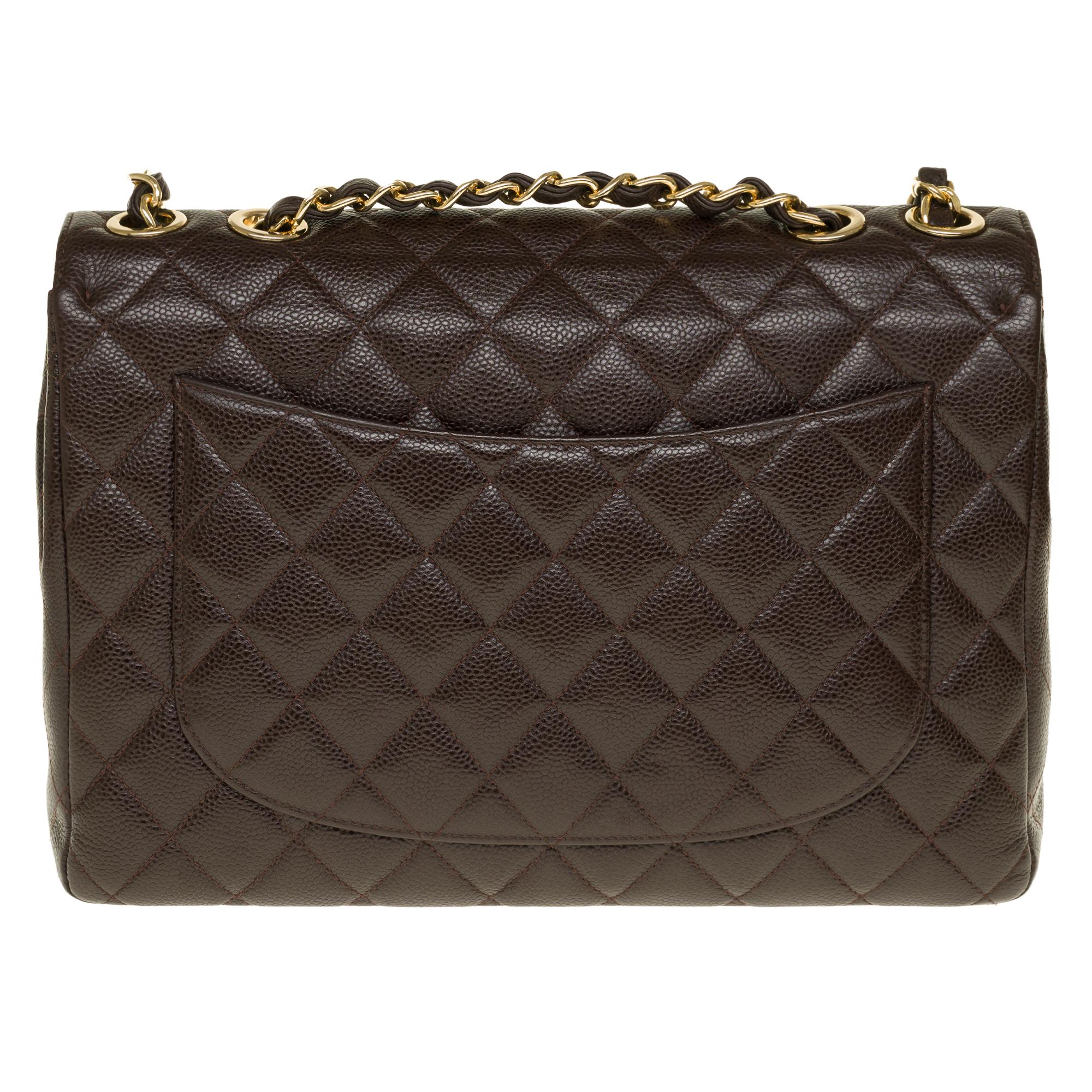 Black Chanel Timeless Jumbo single flap handbag in brown quilted caviar leather, GHW