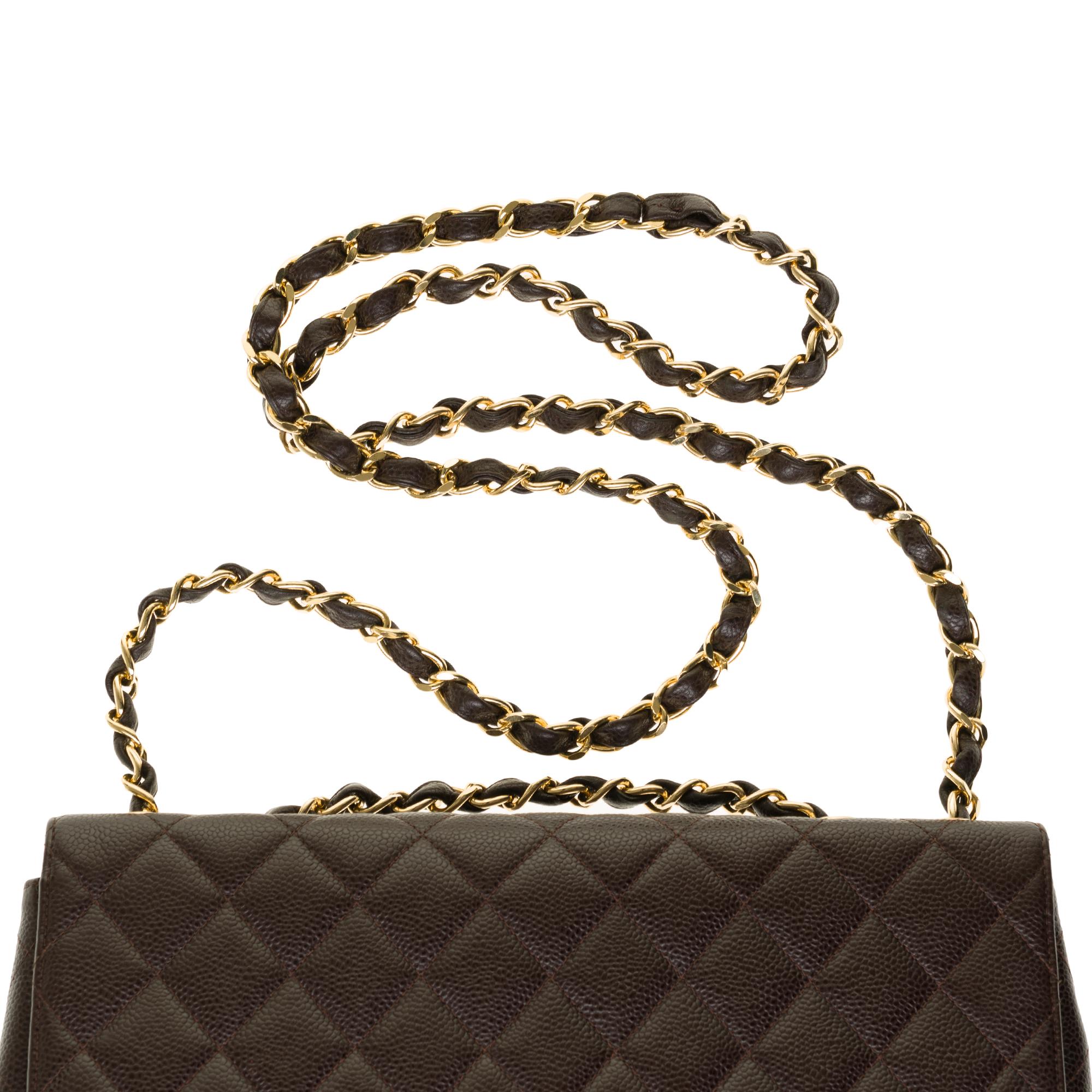 Chanel Timeless Jumbo single flap handbag in brown quilted caviar leather, GHW 4