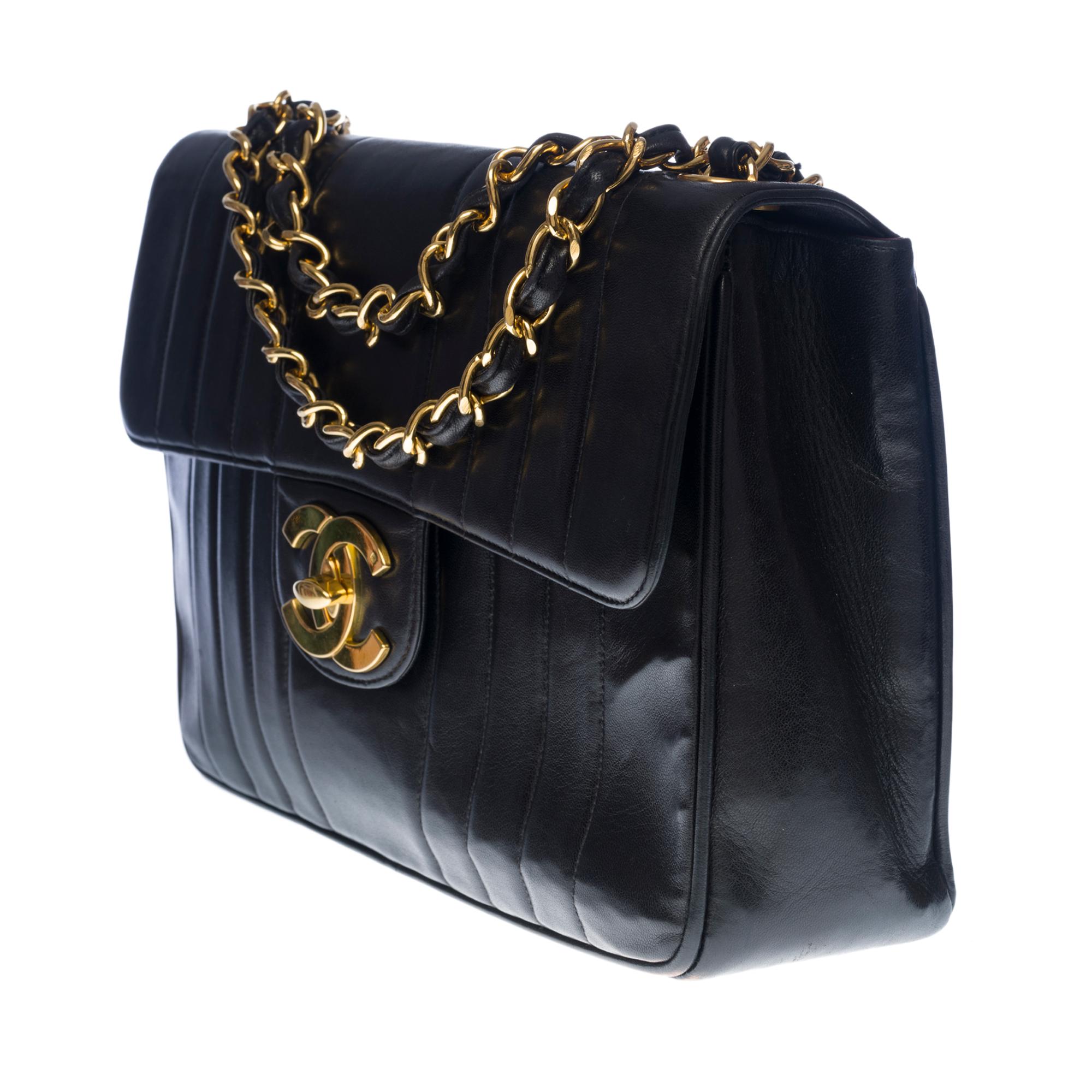 Black Chanel Timeless Jumbo single flap shoulder bag in black quilted lambskin, GHW For Sale