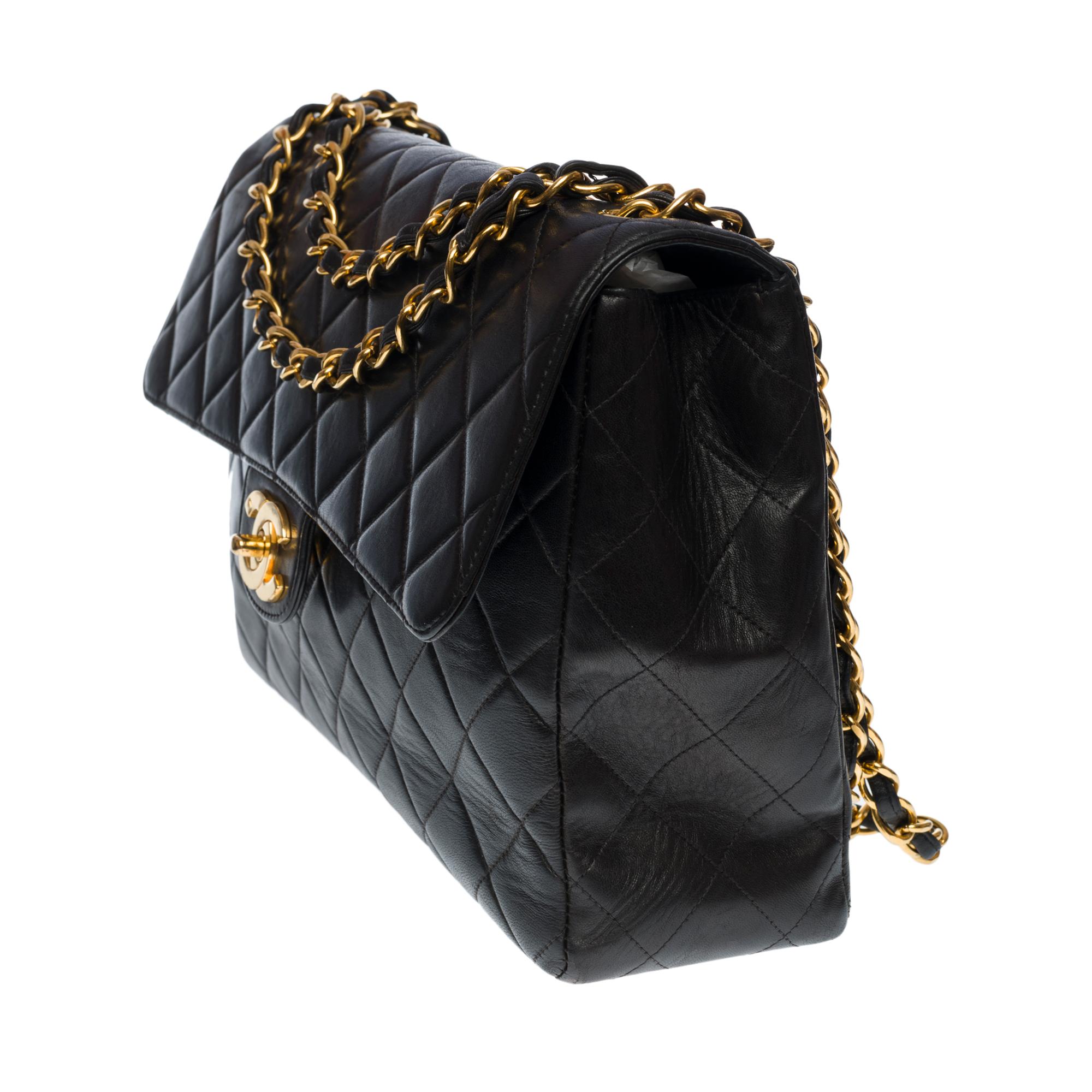 Black Chanel Timeless Jumbo single flap shoulder bag in black quilted lambskin, GHW For Sale