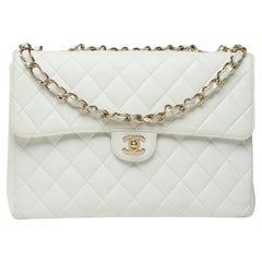 Chanel Timeless Jumbo single flap shoulder bag in White Caviar leather , GHW