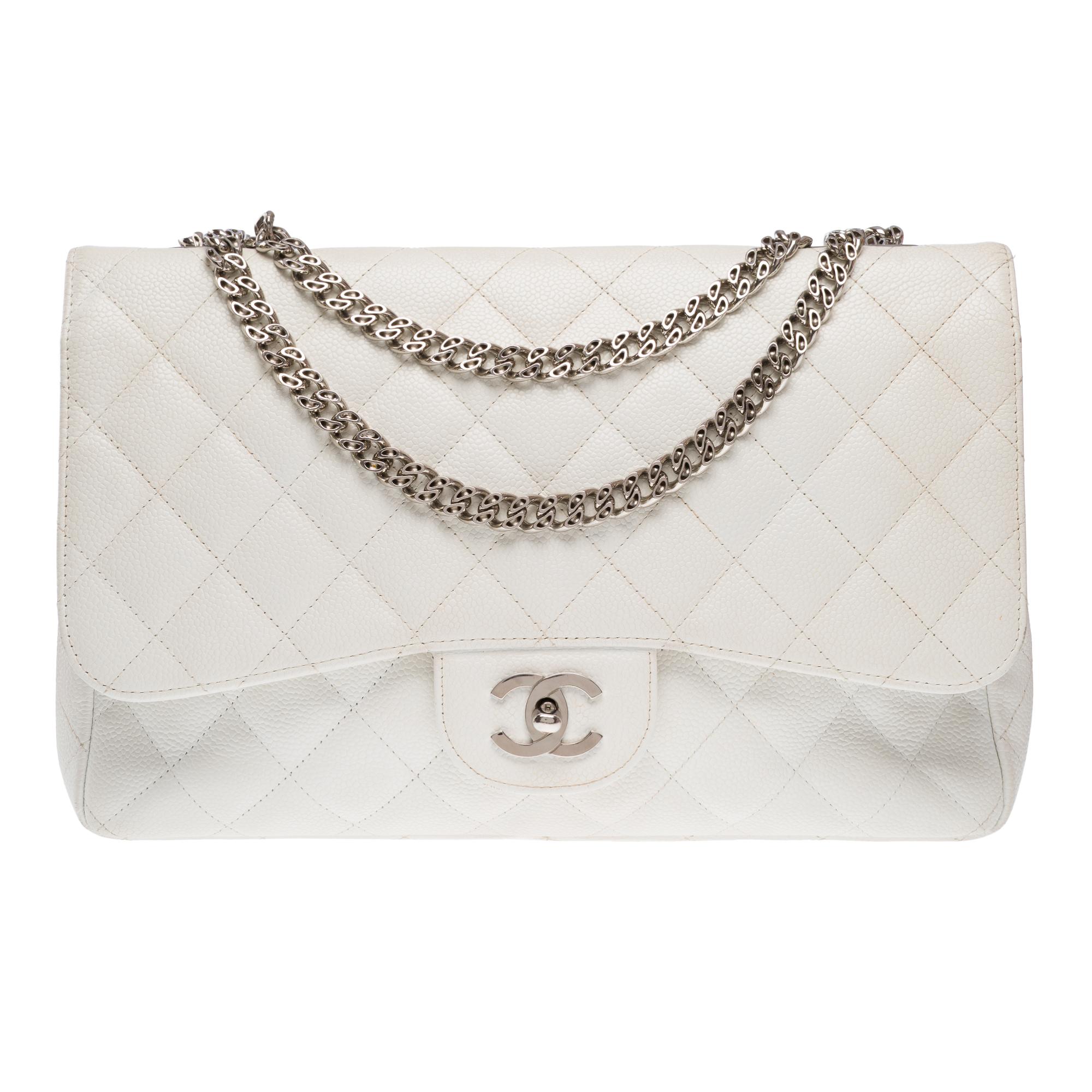 Gray Chanel Timeless Jumbo single flap shoulder bag in White Caviar leather , PHW For Sale