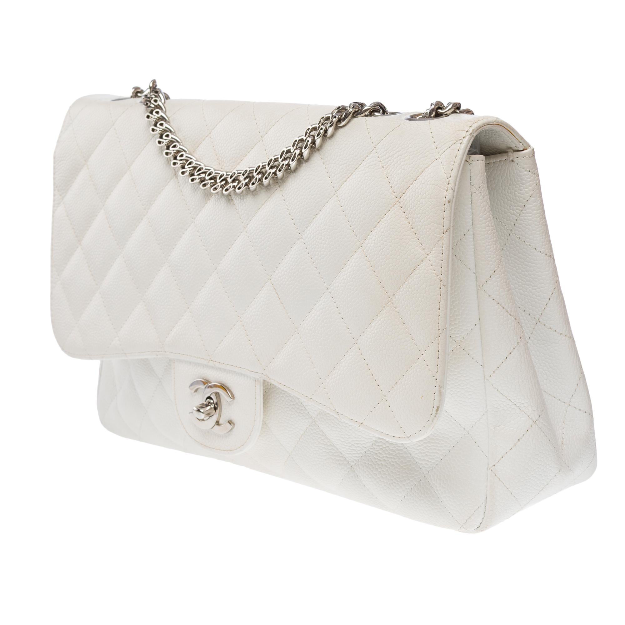 Women's Chanel Timeless Jumbo single flap shoulder bag in White Caviar leather , PHW For Sale