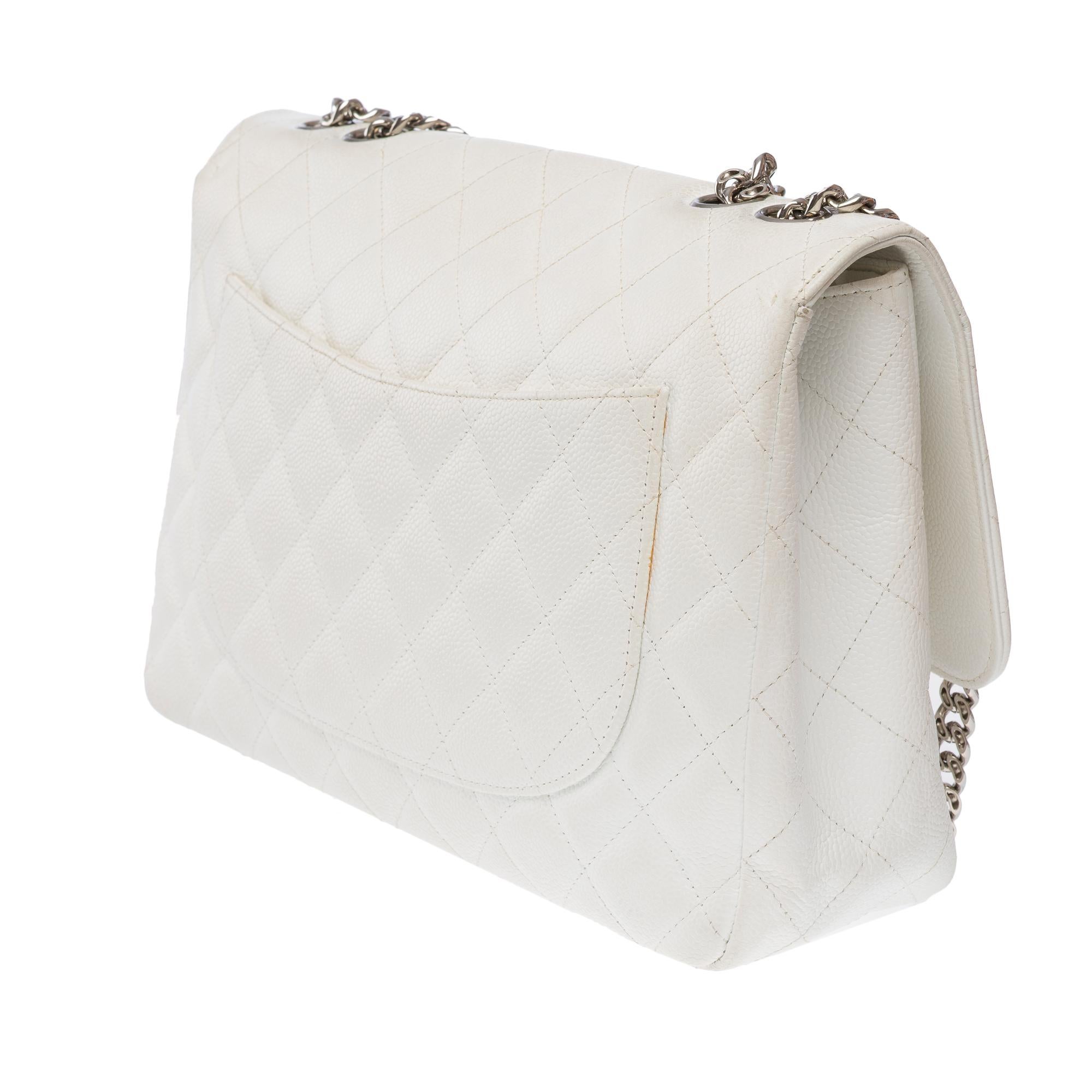 Chanel Timeless Jumbo single flap shoulder bag in White Caviar leather , PHW For Sale 1
