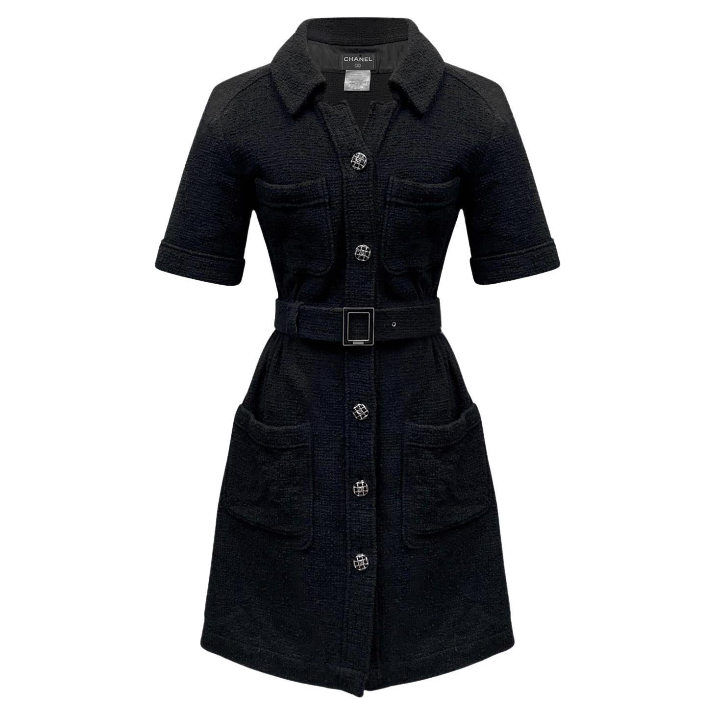 Chanel Timeless Little Black Tweed Dress with Belt For Sale at 1stDibs