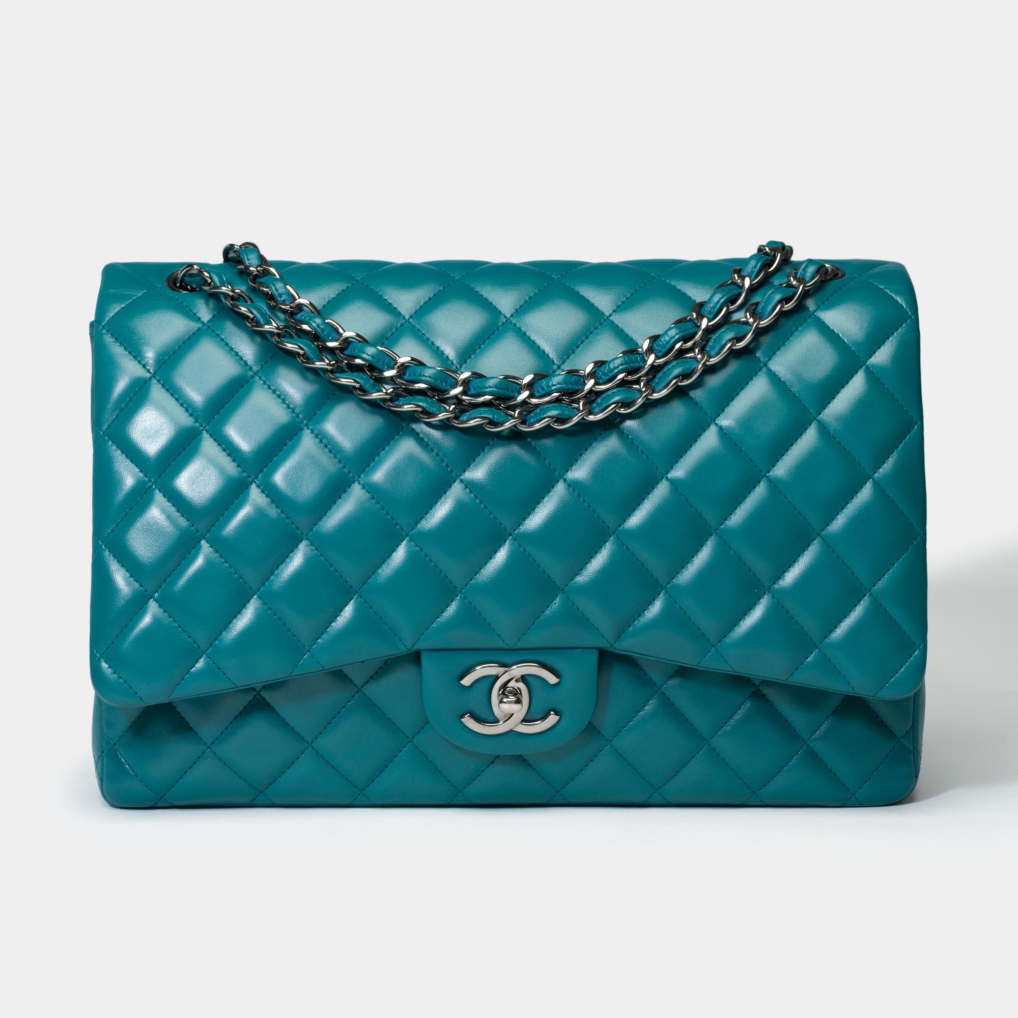Stunning​ ​&​ ​Majestic​ ​Chanel​ ​Timeless​ ​Maxi​ ​Jumbo​ ​double​ ​flap​ ​shoulder​ ​bag​ ​in​ ​duck​ ​blue​ ​quilted​ ​lambskin​ ​leather,​ ​silver​ ​metal​ ​trim,​ ​a​ ​silver​ ​metal​ ​chain​ ​handle​ ​interlaced​ ​with​ ​blue​ ​leather​ ​for​