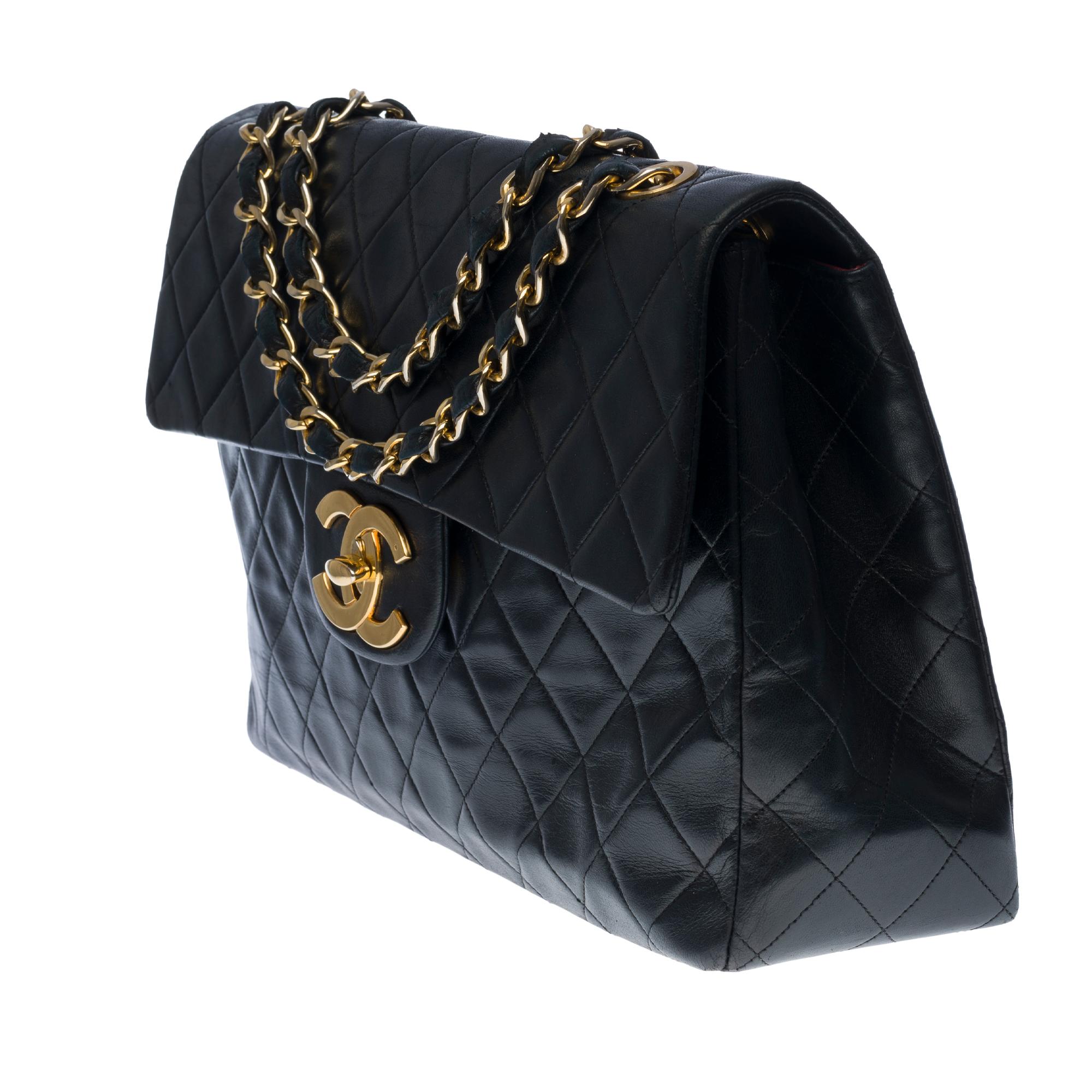 Black Chanel Timeless Maxi Jumbo single flap handbag in black quilted lambskin, GHW