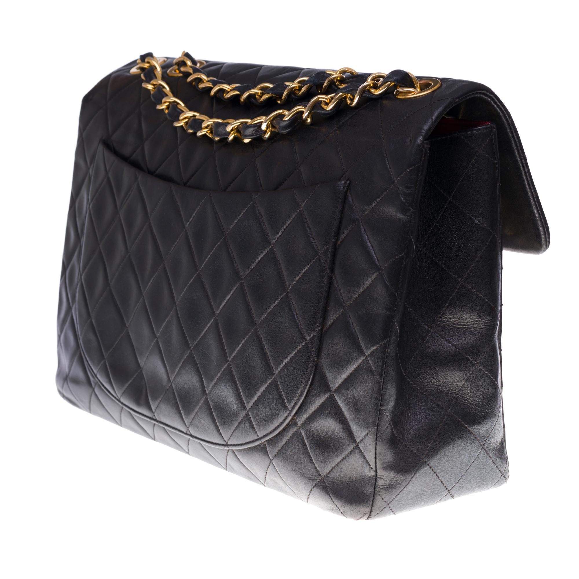 Black Chanel Timeless Maxi Jumbo single flap handbag in black quilted lambskin, GHW