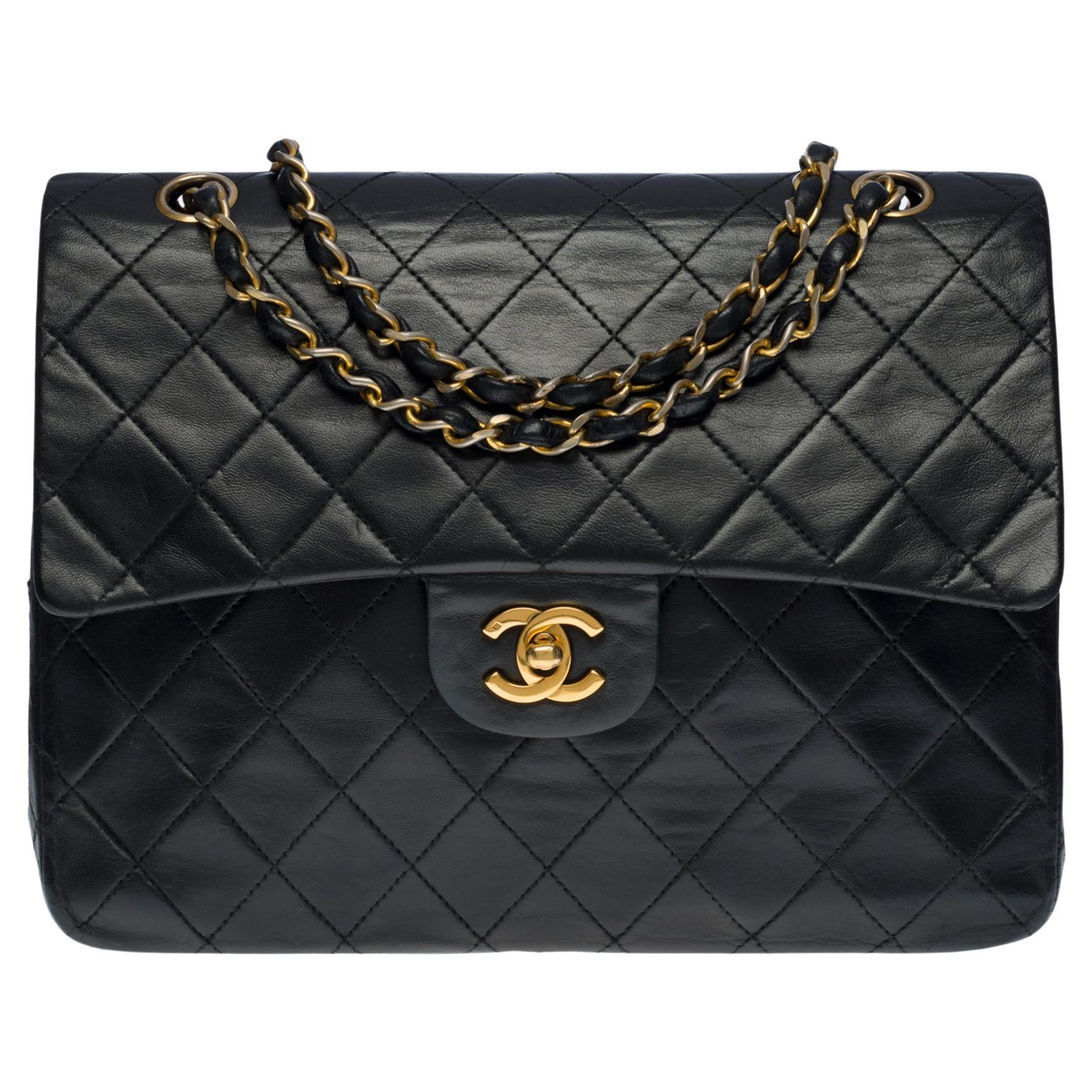 Chanel Timeless medium 25 cm bag with double flap in black quilted leather, GHW For Sale