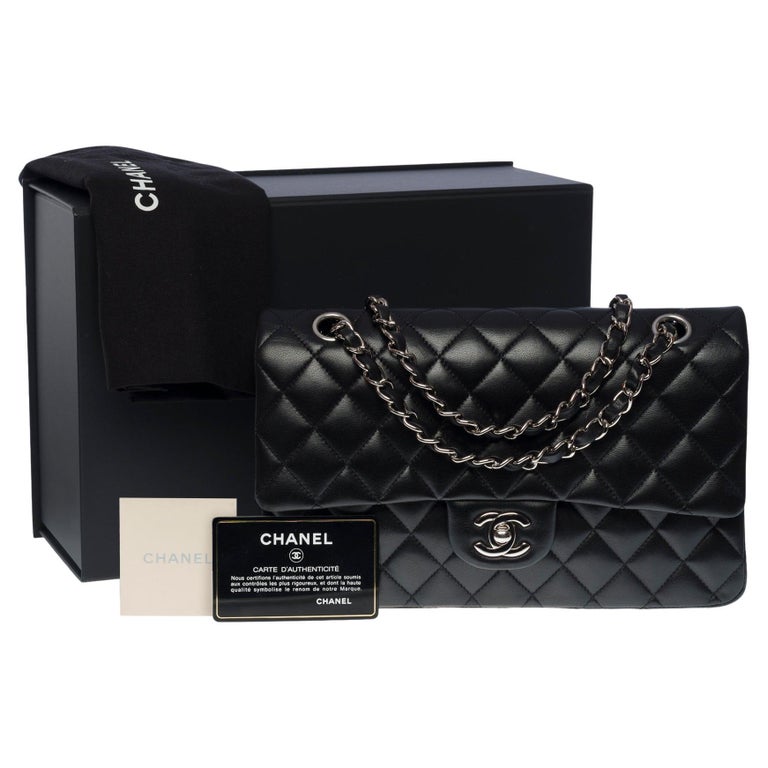 FLAP BAG 25CM SILVER HARDWARE BLACK LAMBSKIN