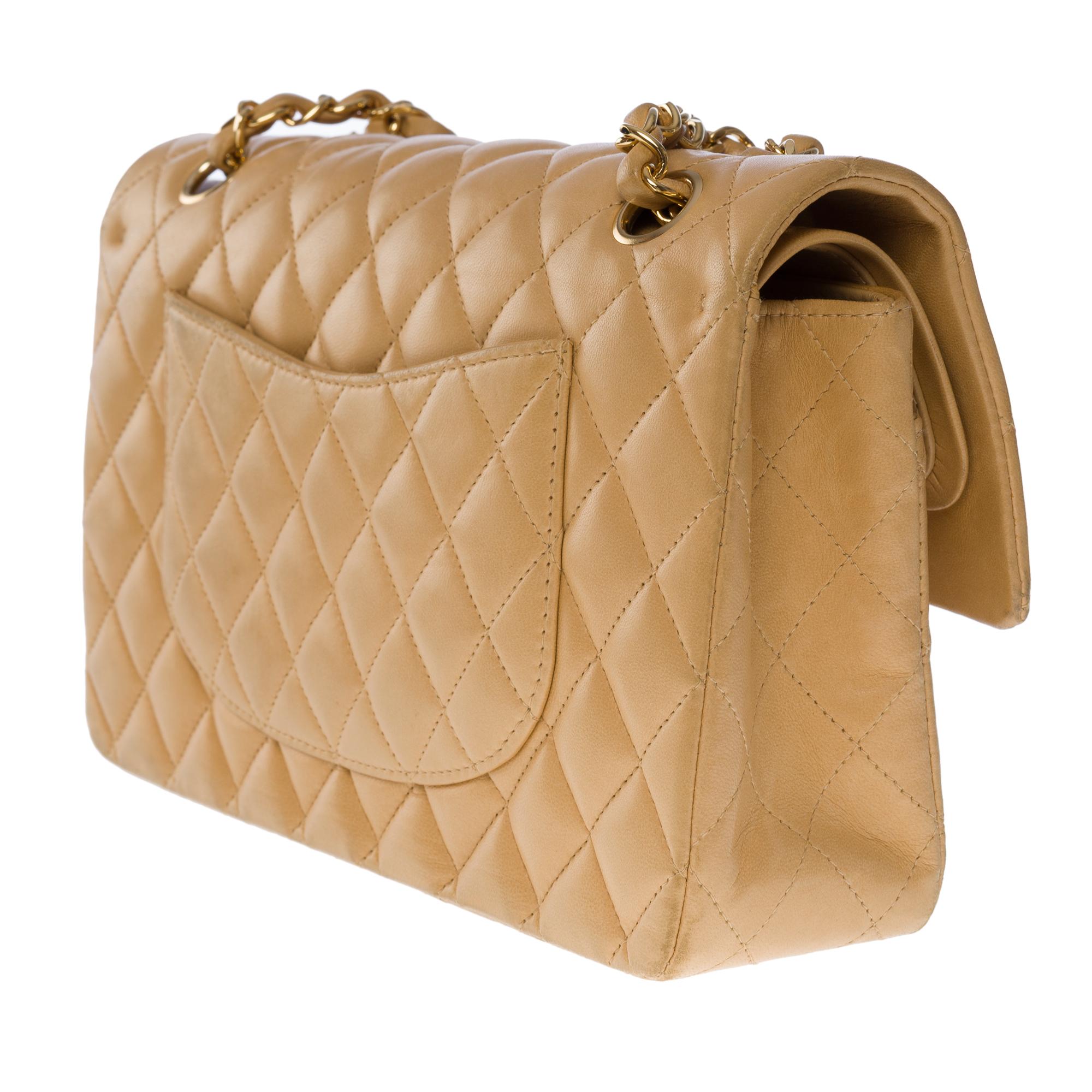Chanel Timeless medium double flap shoulder bag in beige quilted lambskin, GHW For Sale 1