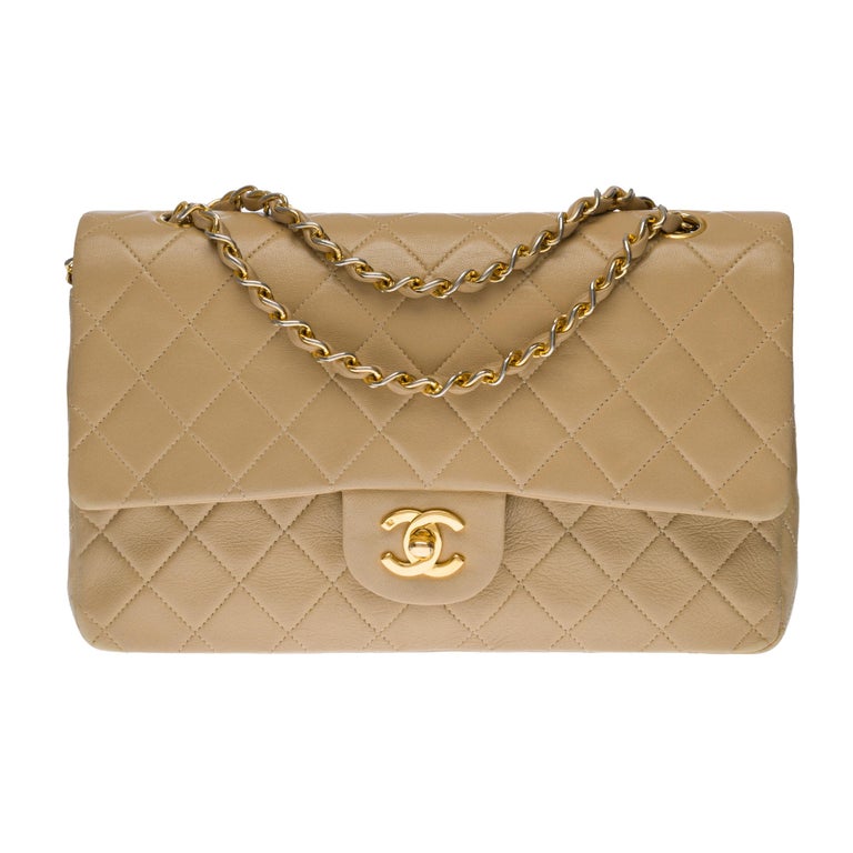Chanel Timeless Medium double flap Shoulder bag in beige quilted leather,  GHW