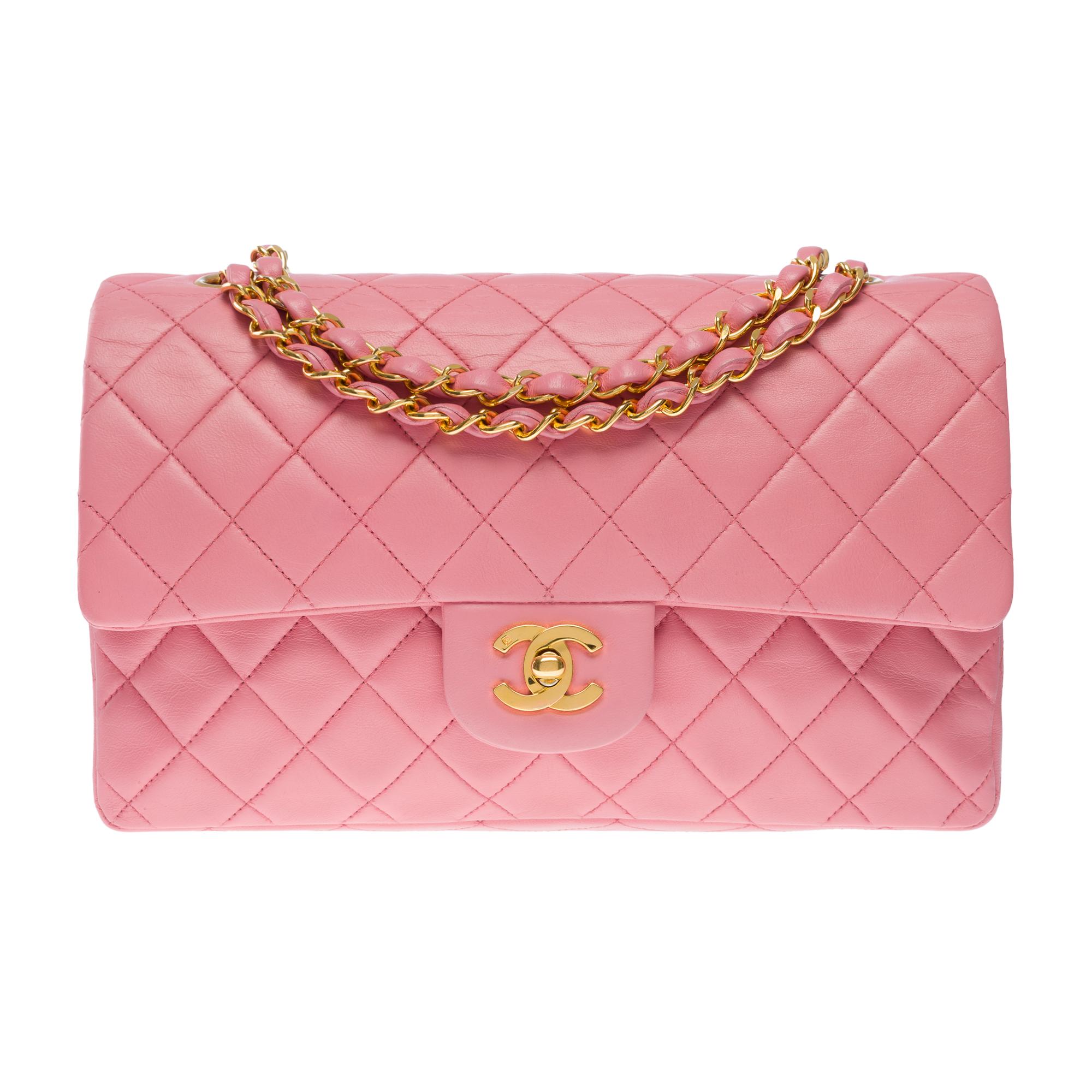 Women's Chanel Timeless Medium double Flap shoulder bag in Pink quilted lambskin, GHW