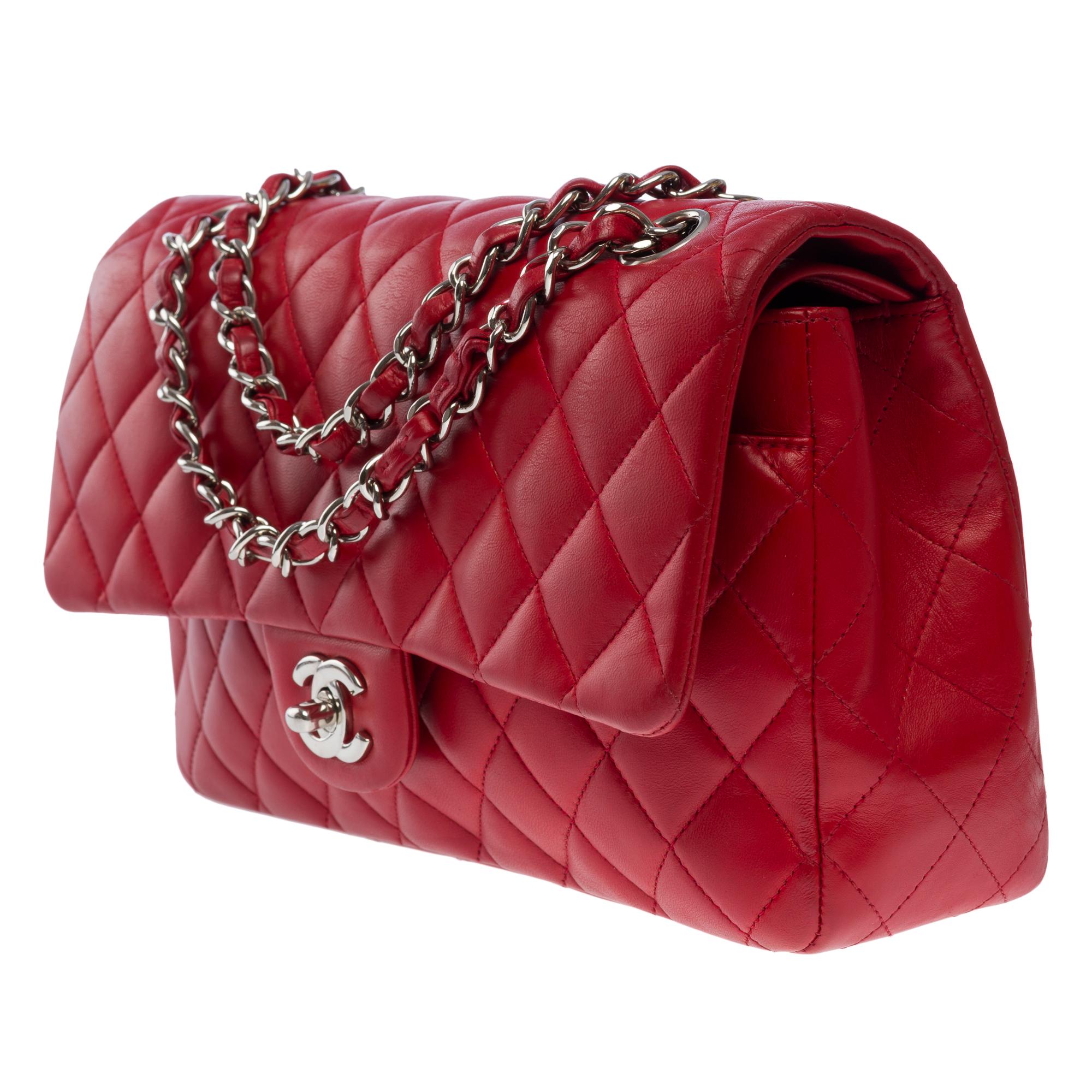 Women's Chanel Timeless Medium double flap shoulder bag in Red lambskin leather, SHW For Sale