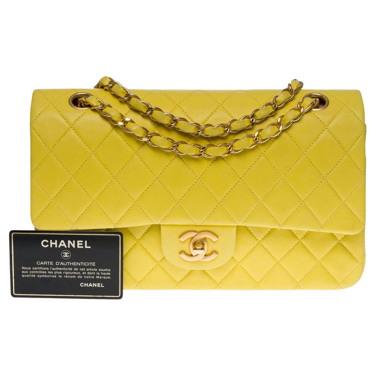 Chanel Timeless Medium double flap shoulder bag in Yellow quilted lambskin ,BGHW For Sale at 1stDibs