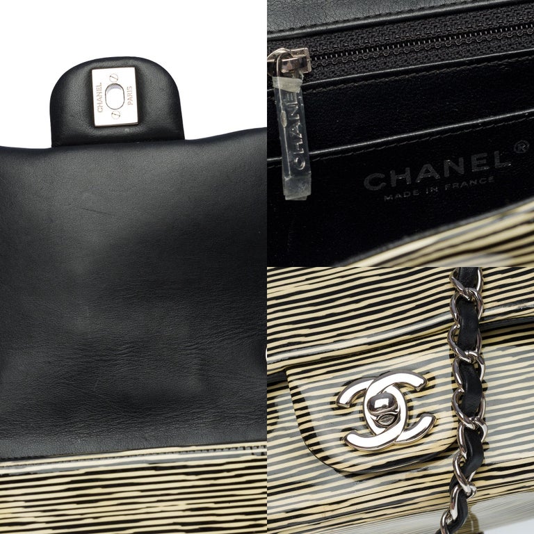 Chanel Timeless Mini Flap bag in black & yellow striped patent leather,SHW For Sale 1