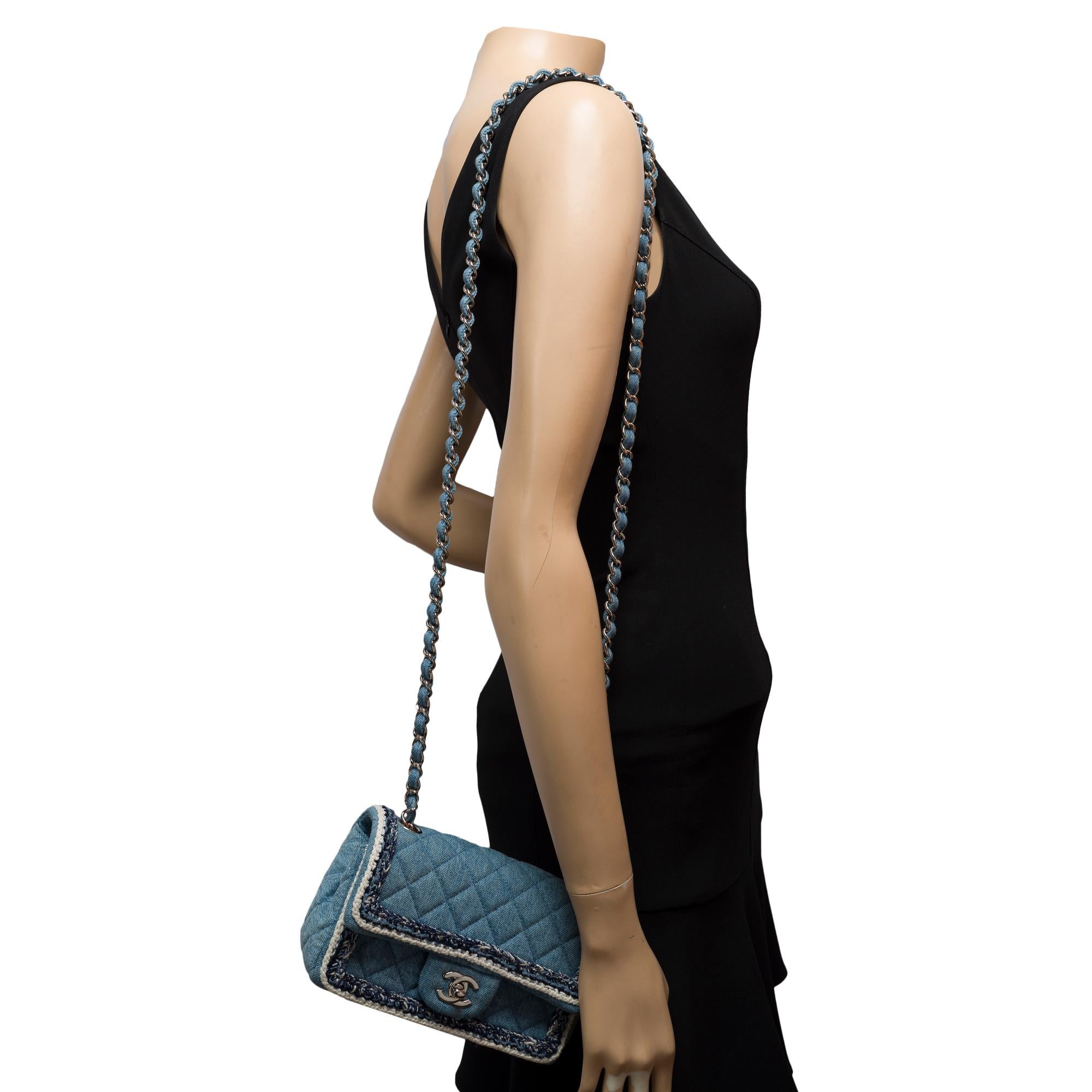Chanel Timeless Mini shoulder flap bag in denim with braided edging, PHW For Sale 6