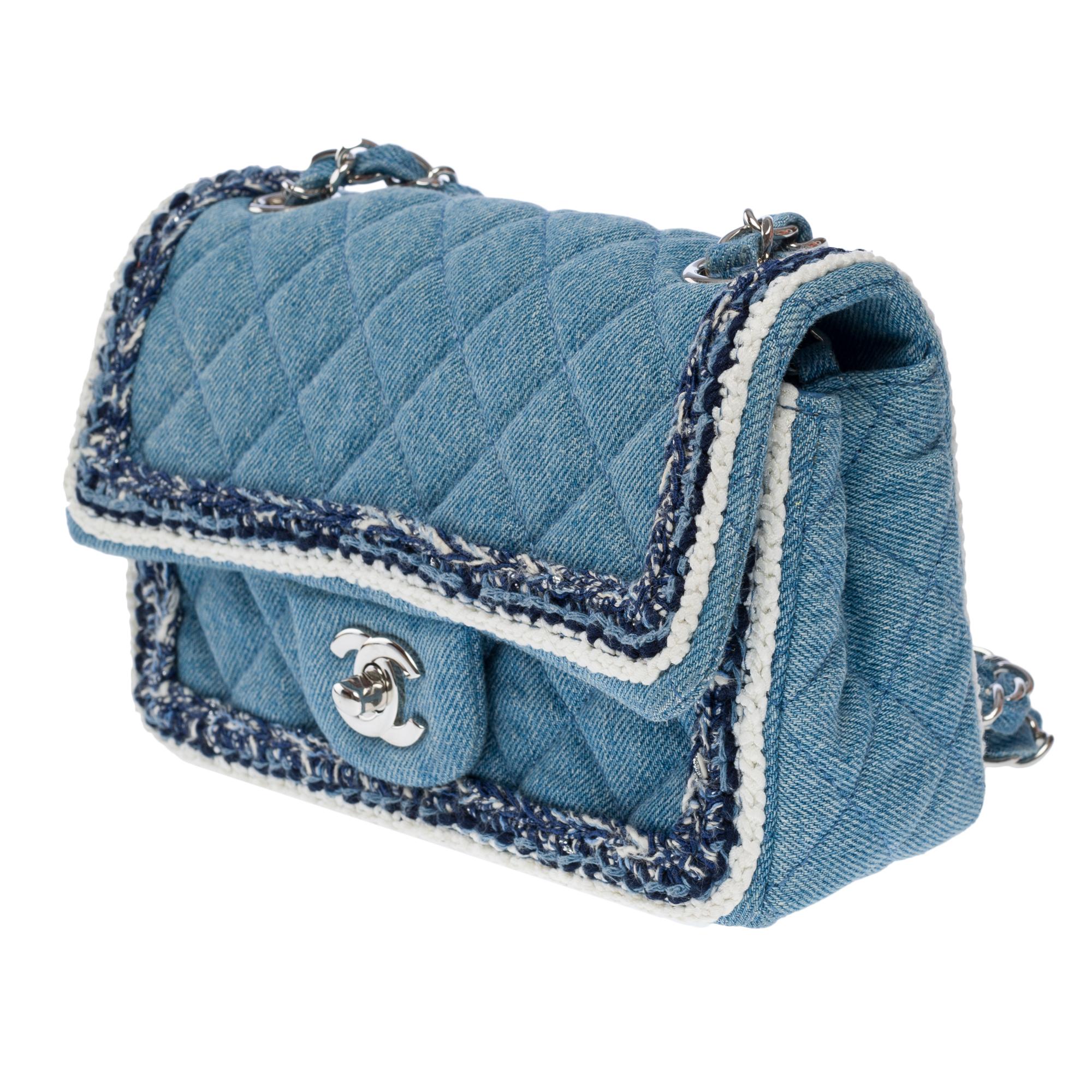 Chanel Timeless Mini shoulder flap bag in denim with braided edging, PHW In Excellent Condition For Sale In Paris, IDF