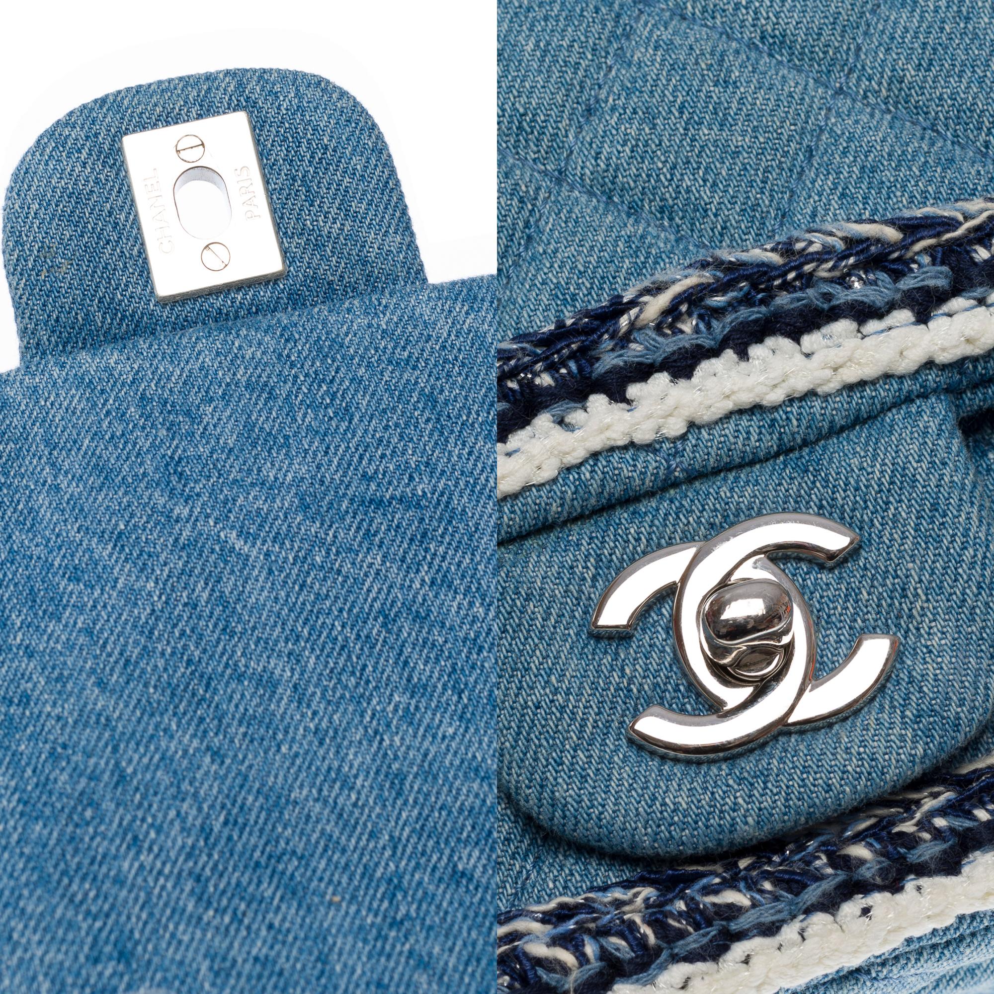 Women's Chanel Timeless Mini shoulder flap bag in denim with braided edging, PHW For Sale