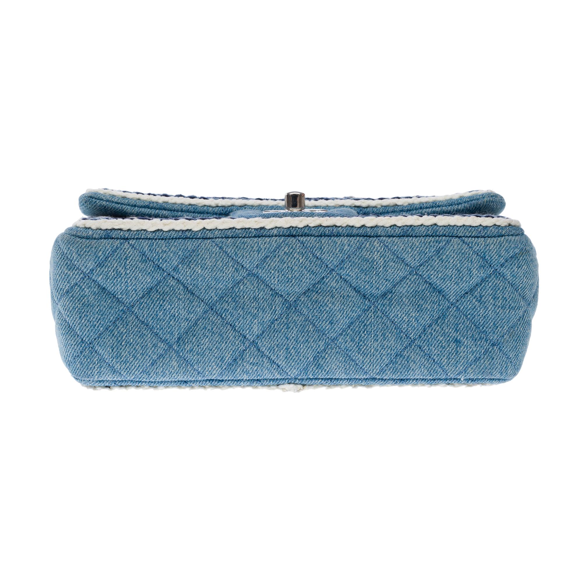 Chanel Timeless Mini shoulder flap bag in denim with braided edging, PHW For Sale 4