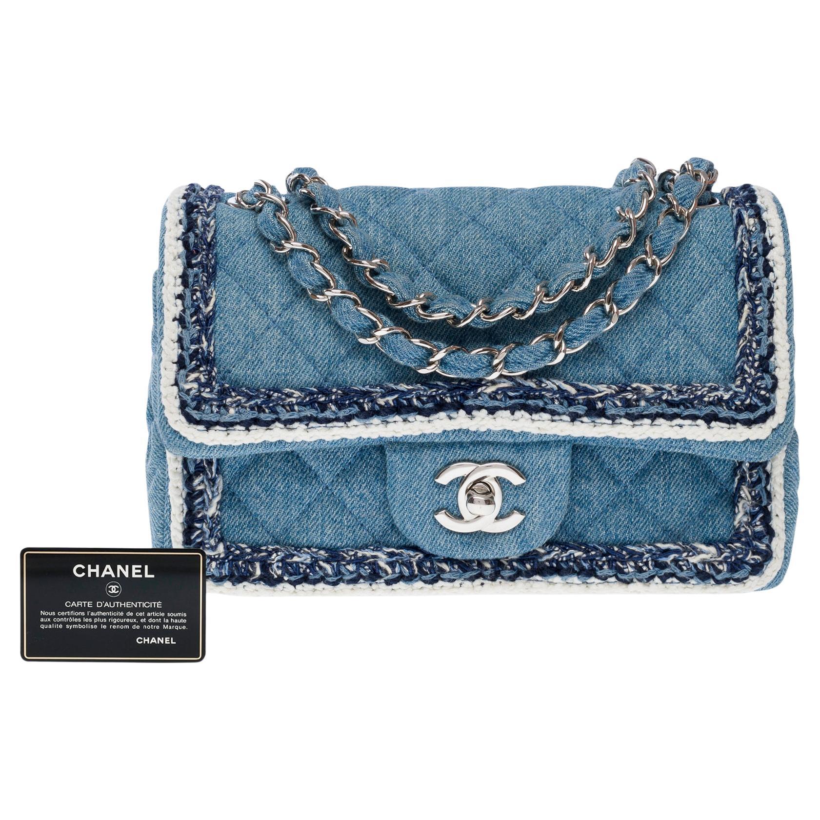 Chanel Timeless Mini shoulder flap bag in denim with braided edging, PHW For Sale