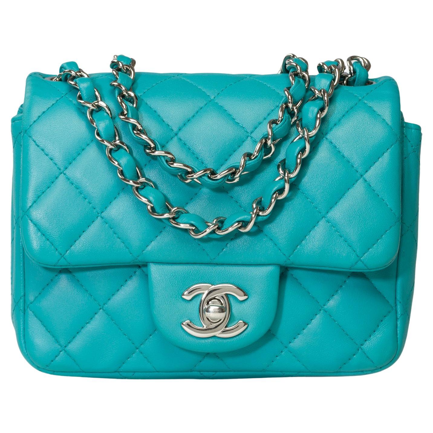 Chanel Timeless Mini shoulder flap bag in water green quilted lambskin, SHW For Sale