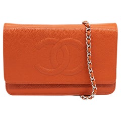 Chanel Timeless Orange Caviar Leather Wallet on Chain Shoulder Clutch Bag