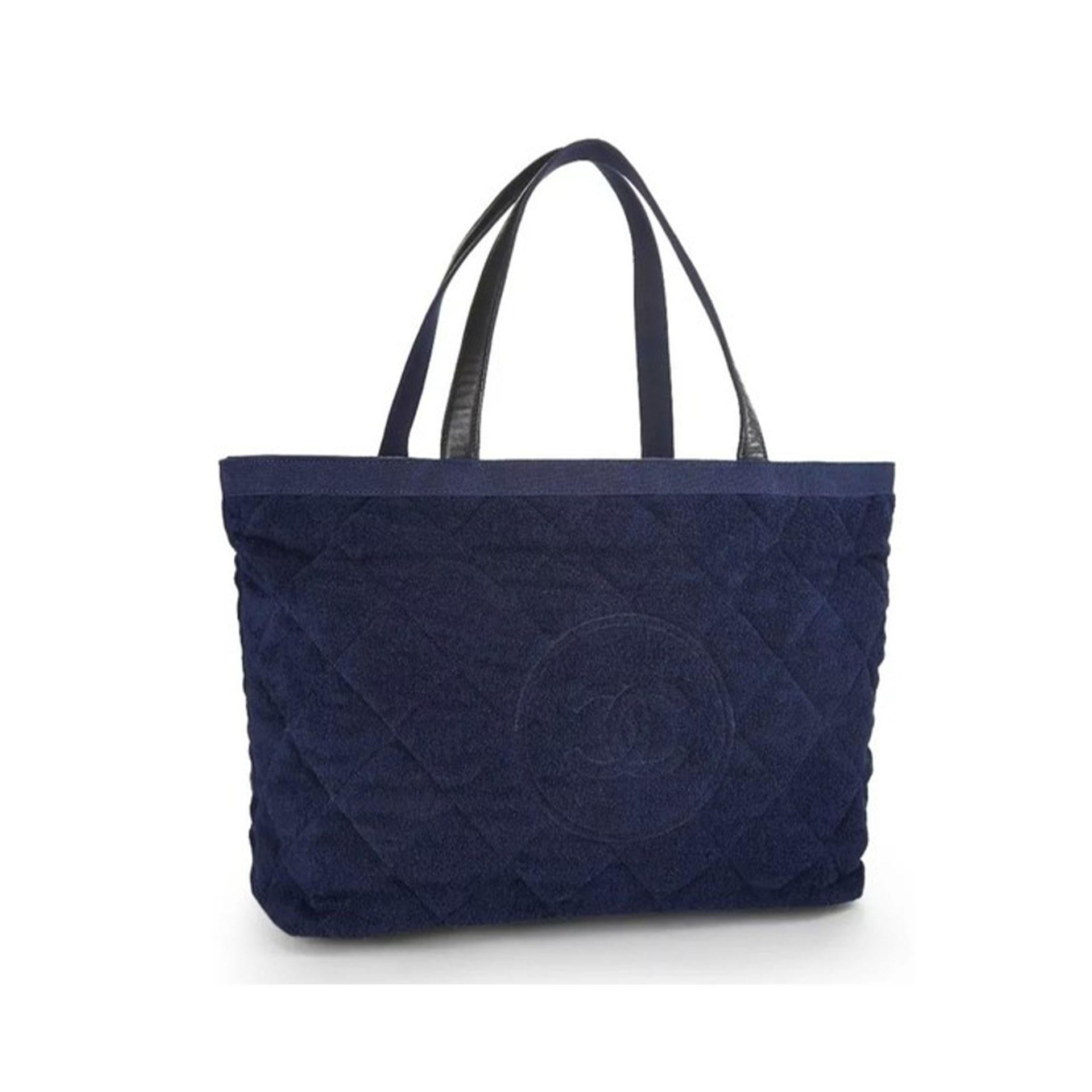 Chanel Limited Edition Navy Blue Quilted CC Logo Quilted Towel Beach Pool Bag

Quilted navy blue terry cloth exterior
CC Logo at exterior
Two calfskin leather shoulder straps
Lined in soft terry velour
Main interior zipper pocket
12.5