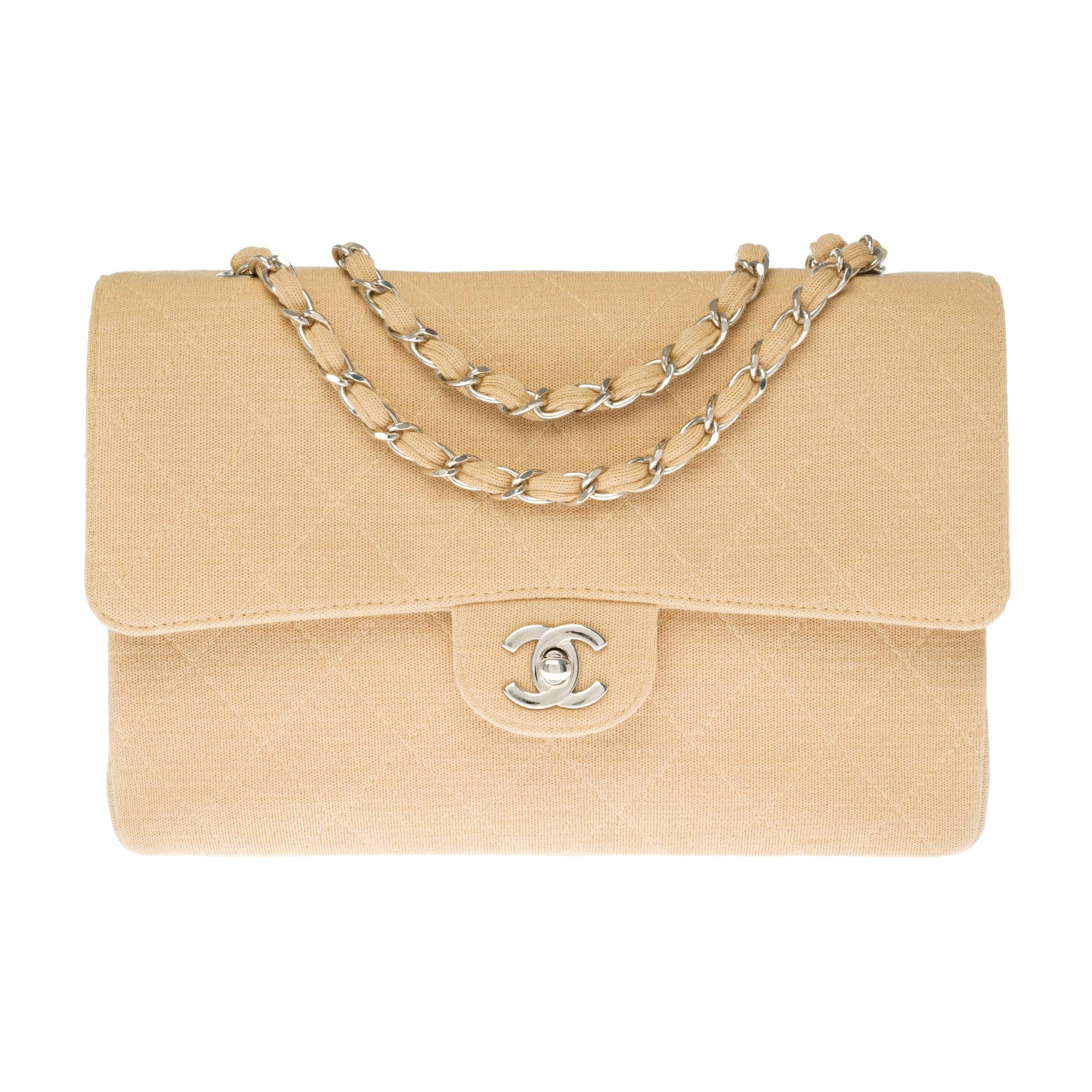 Chanel Timeless shoulder bag in beige quilted jersey with silver hardware