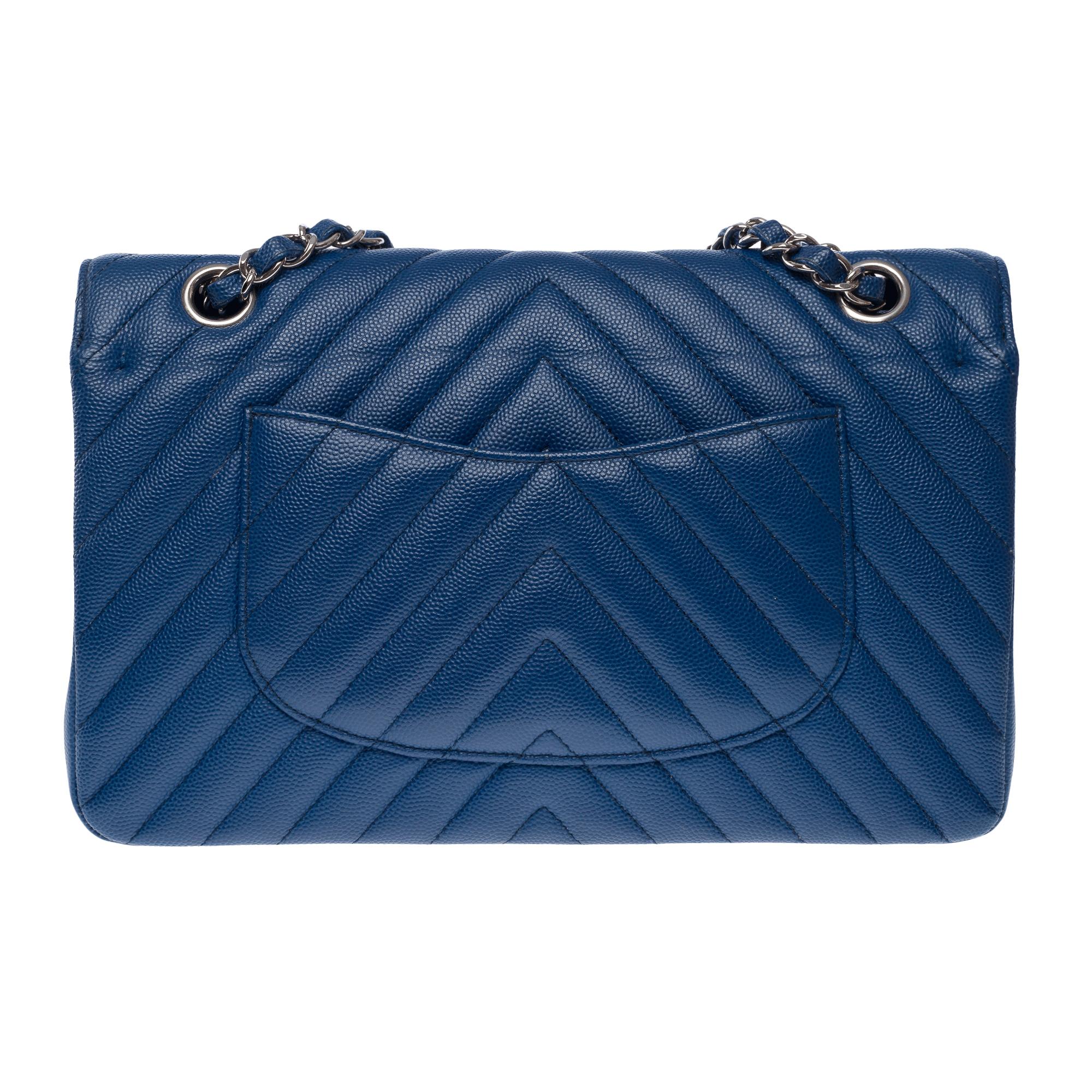 Blue Chanel Timeless shoulder bag in blue chevrons quilted caviar leather , PHW For Sale