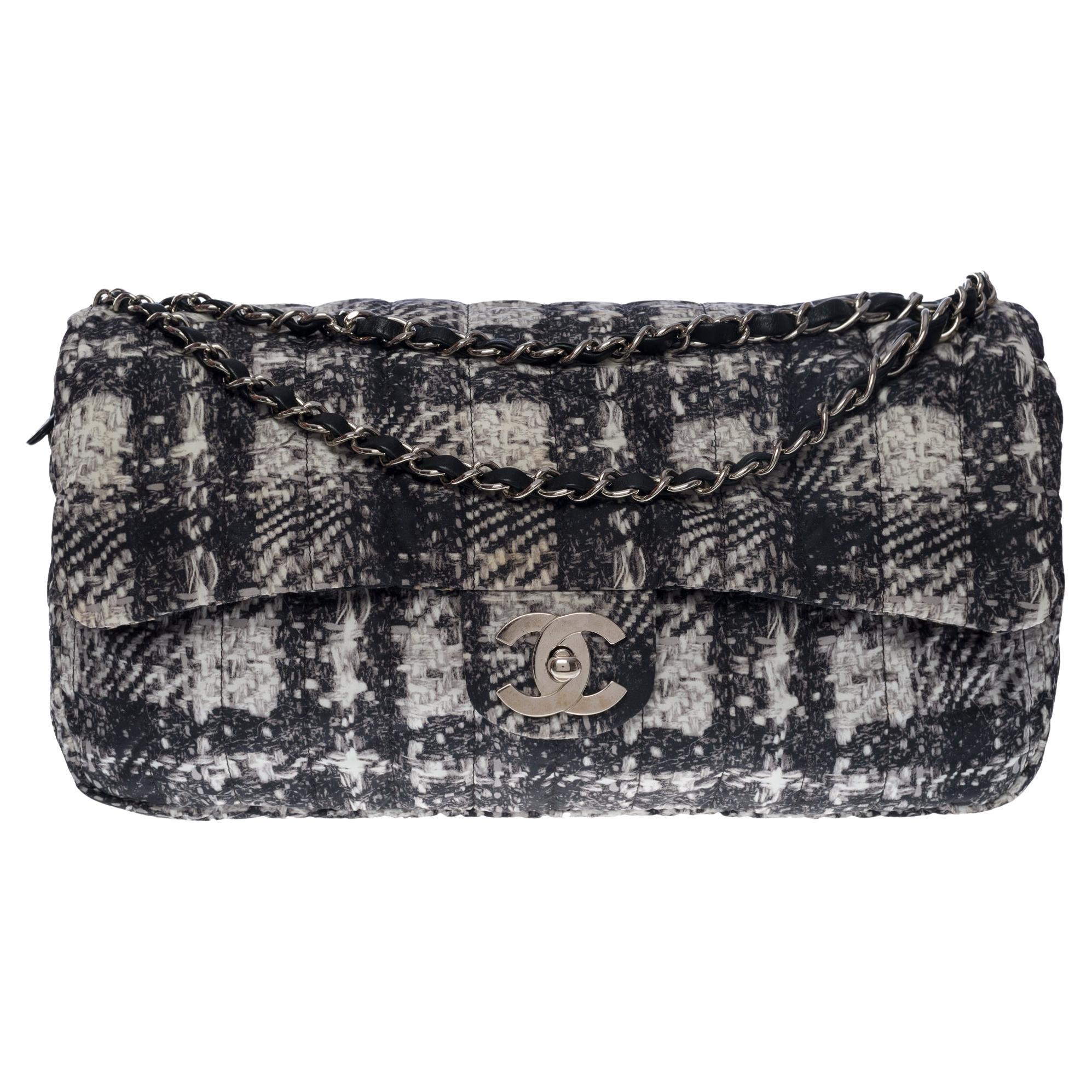 Chanel Timeless shoulder bag in soft synthetic printed tweed black/white, SHW For Sale