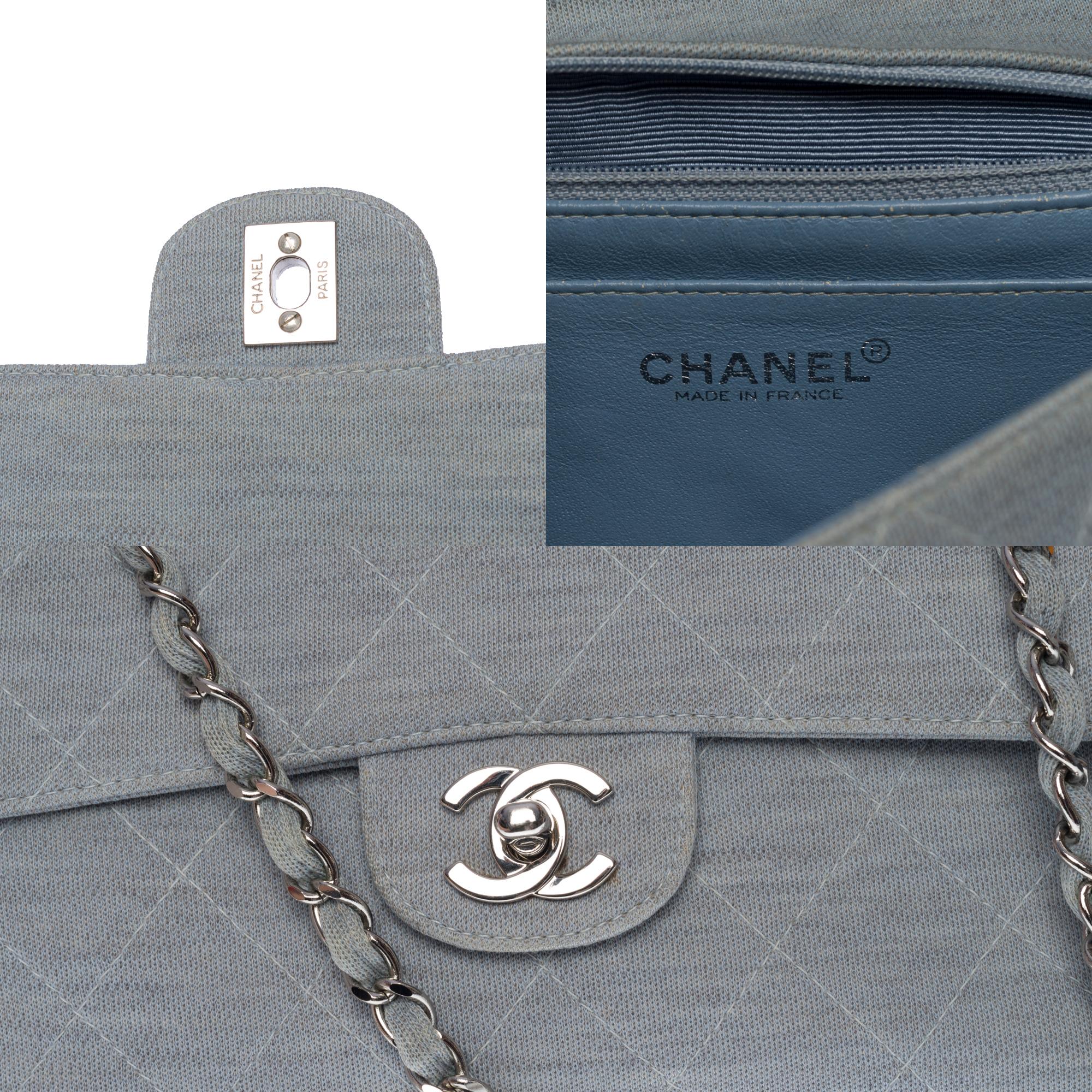 Chanel Timeless shoulder flap bag in blue quilted jersey with silver hardware For Sale 1
