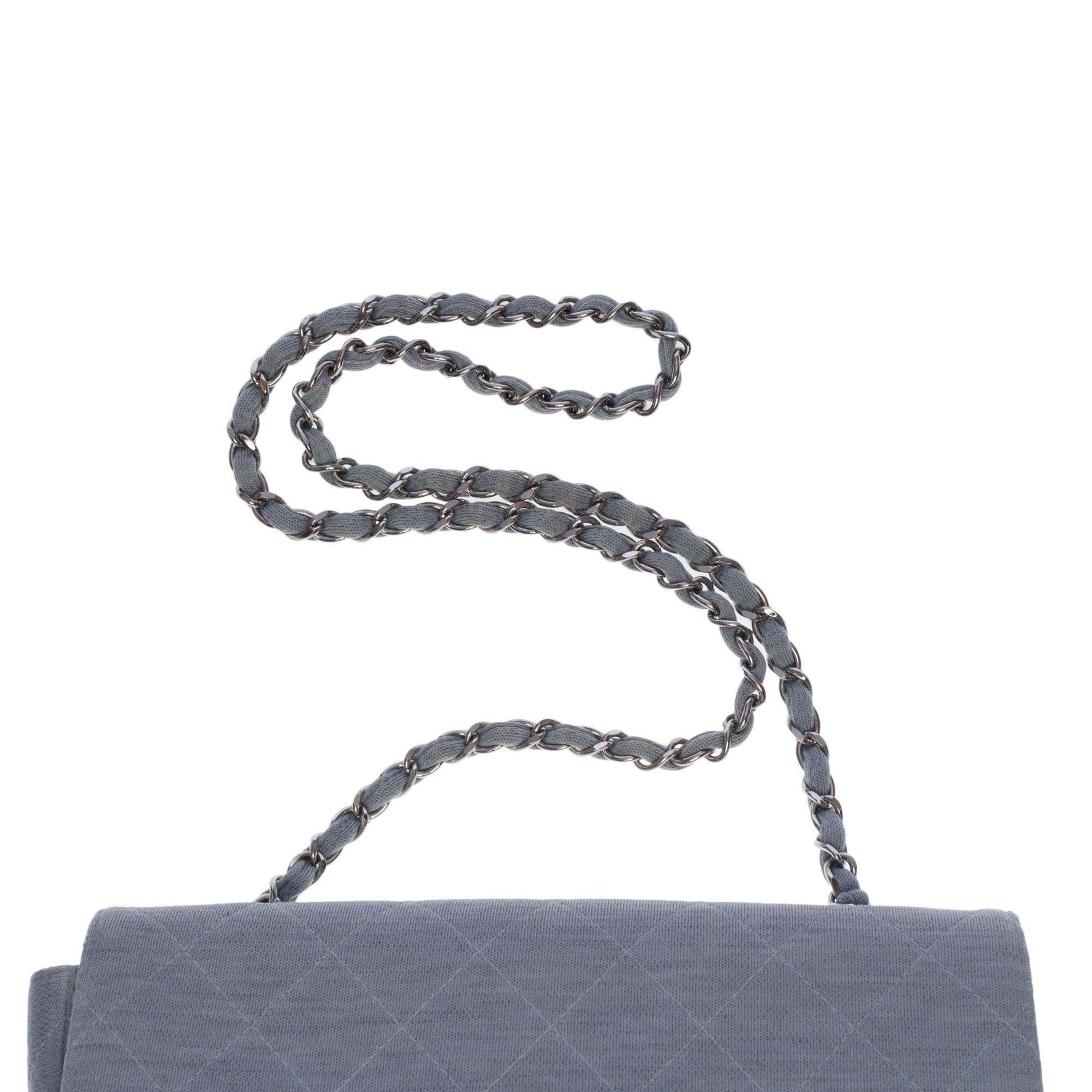 Chanel Timeless shoulder flap bag in blue quilted jersey with silver hardware For Sale 4
