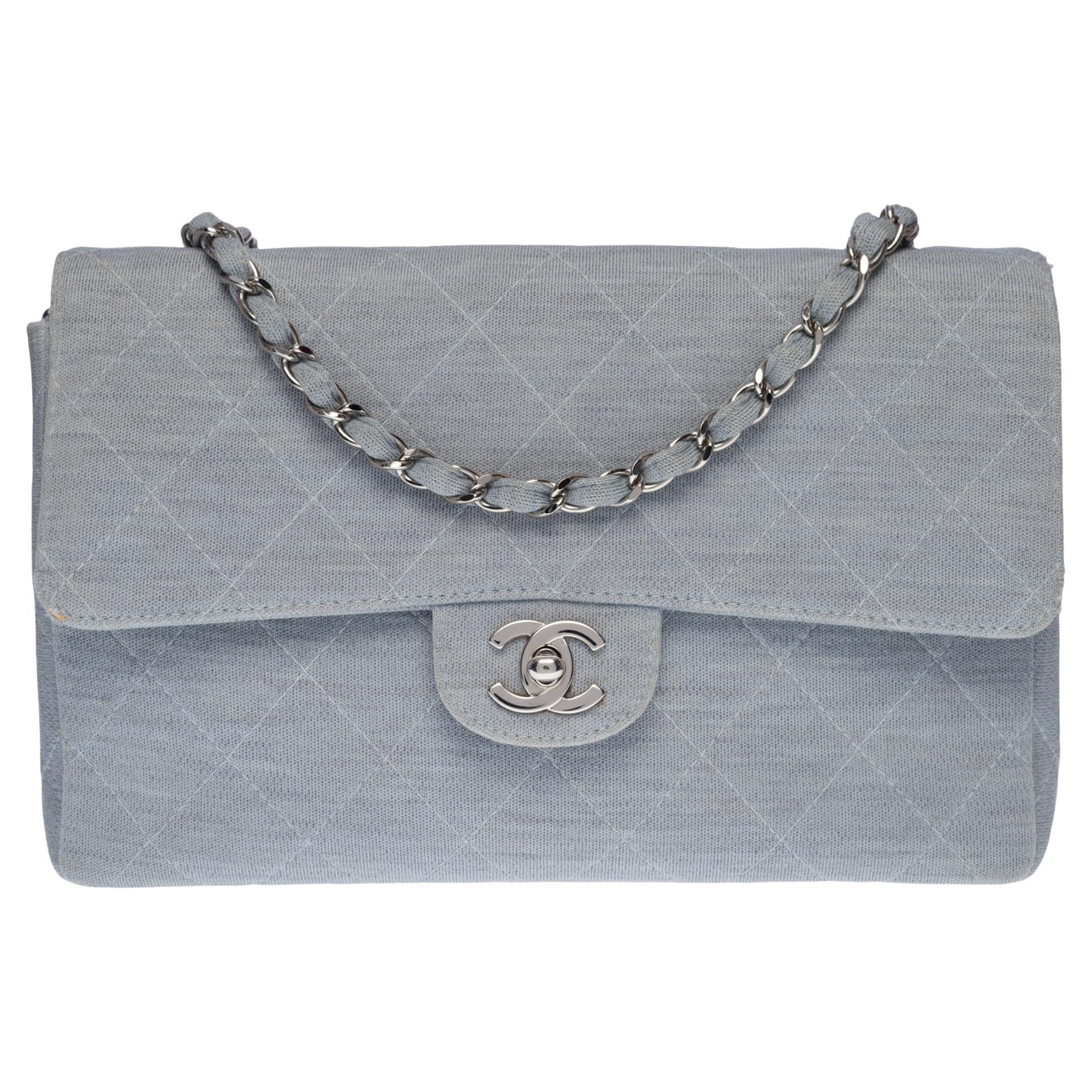 Chanel Timeless shoulder flap bag in blue quilted jersey with silver hardware For Sale