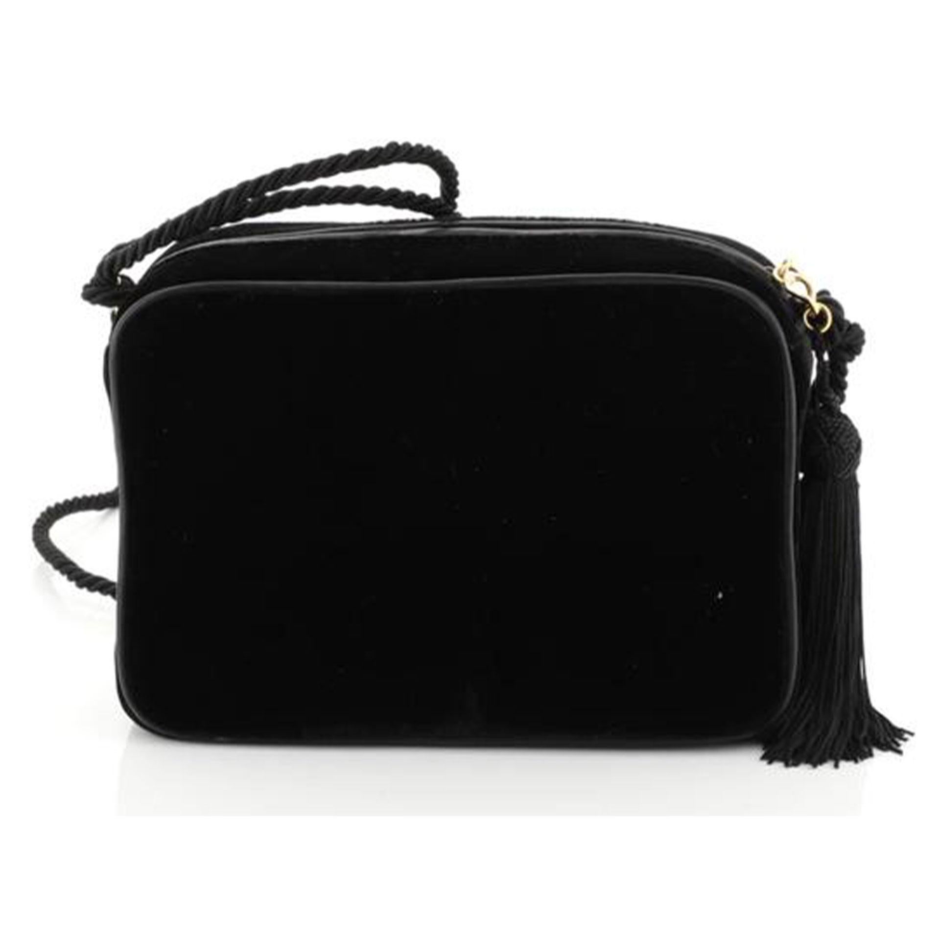 Chanel So Black Rare Vintage 1989 Samt Strass Perlen Quaste Kleine Kameratasche im Angebot 4