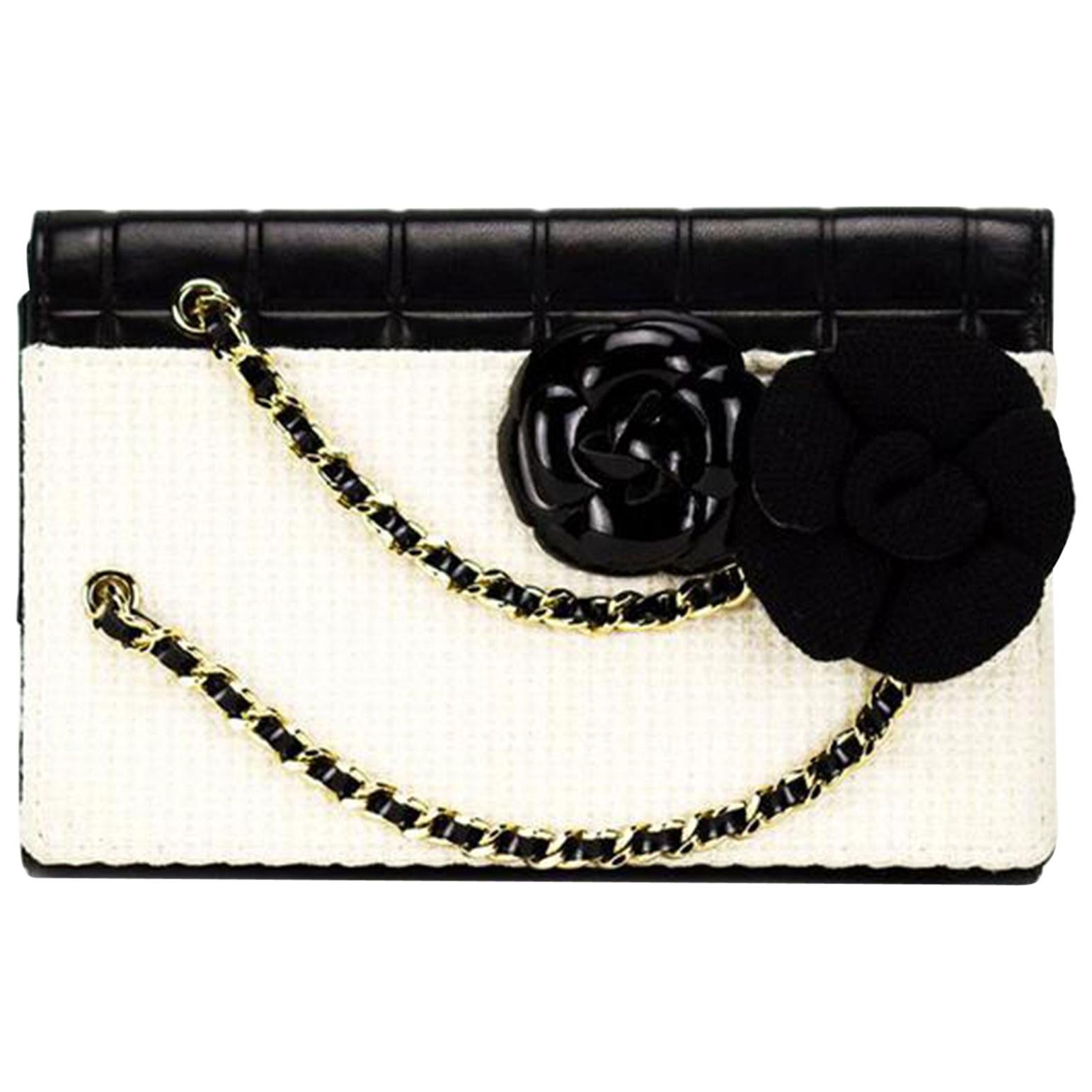 Chanel Timeless Tweed Iconic Camelia Flower Bicolor Black & White Leather Clutch