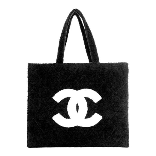 Chanel Shopping Top Handle Tote Cotton Beach Black and White Terry