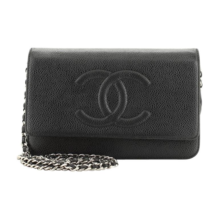 CHANEL CC Logo Caviar Leather Timeless Mini Wallet On Chain Brown