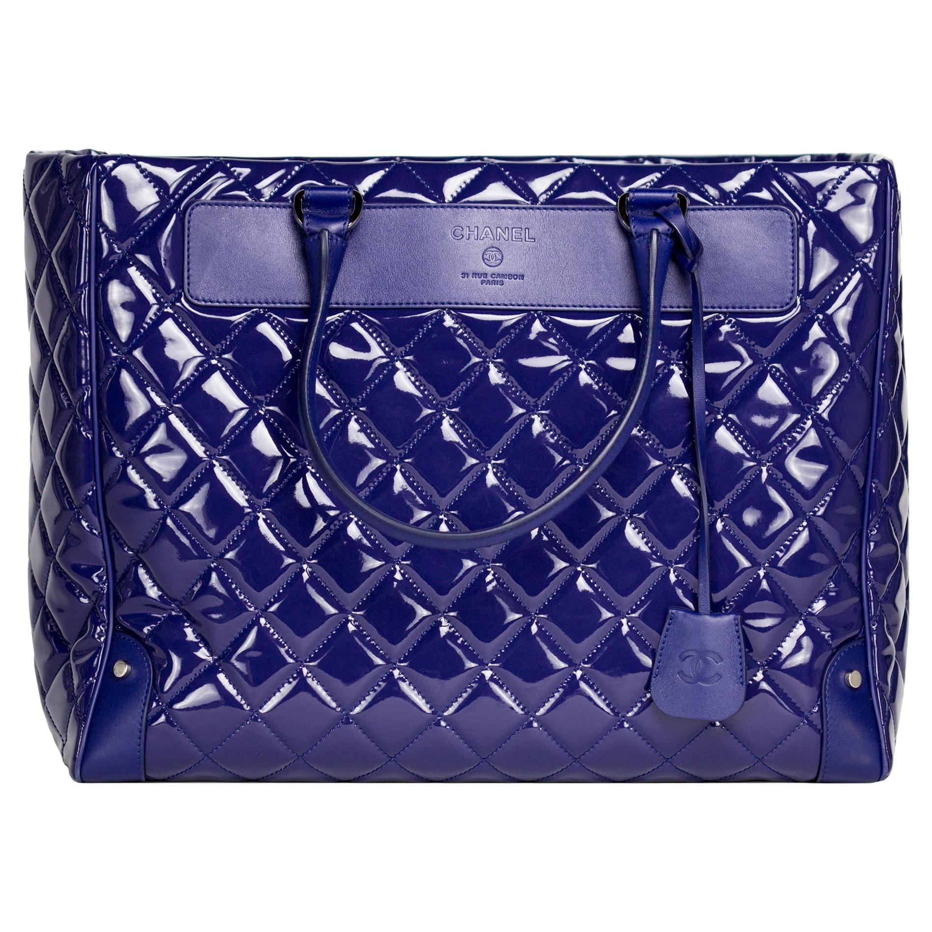 Chanel Timeless XL Quilted Carry-on Tote Royal Blue Patent Leather Bag
