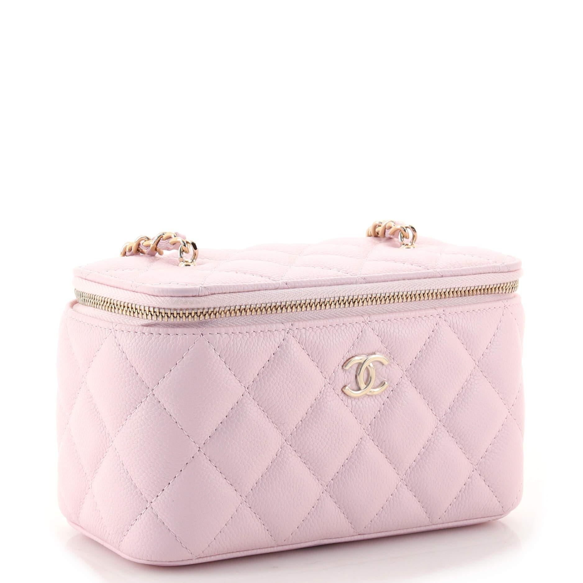 Beige Chanel Tiny CC Link Vanity Case with Chain Quilted Caviar Small